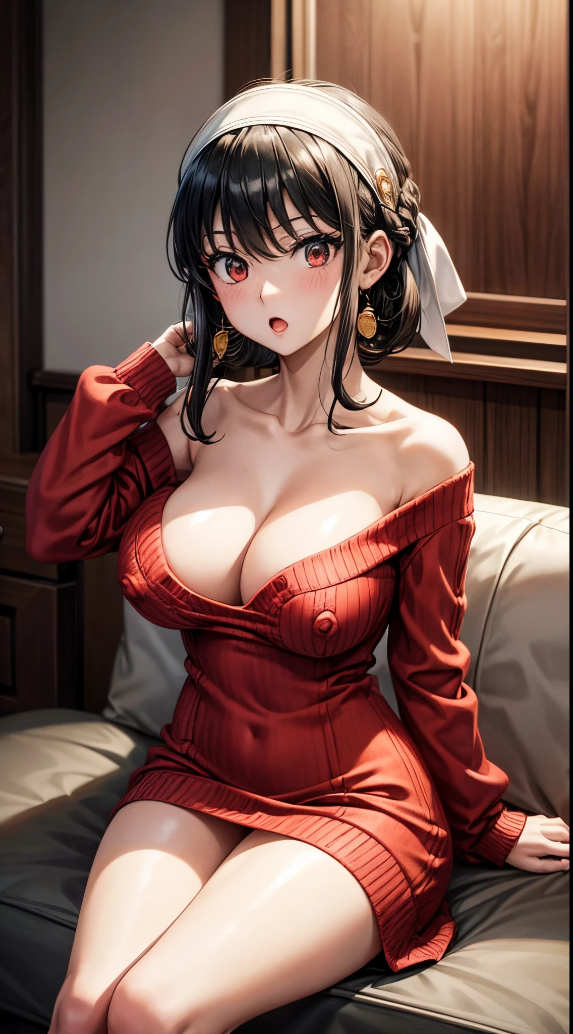 masterpiece, yor, 1girl, solo, looking at viewer, open mouth, black hair, red eyes, dress, bare shoulders, jewelry, collarbone, sidelocks, hairband, earrings, indoors, off shoulder, :o, sweater, arms behind back, plant, short hair with long locks, white hairband, off-shoulder dress, sweater dress, off-shoulder sweater, red sweater, big side hair, very long side hair,open sweater dress, big tits, show tits, visible tits:1.6, open dress, open clothes,show tits, nipples,(( show nipples:1.5)),((show tits:1.5)), sitting