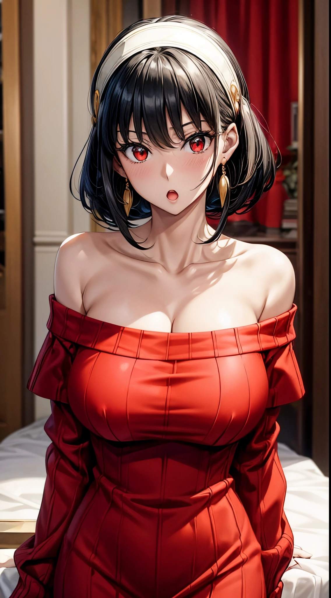 masterpiece, yor, 1girl, solo, looking at viewer, open mouth, black hair, red eyes, dress, bare shoulders, jewelry, collarbone, sidelocks, hairband, earrings, indoors, off shoulder, :o, sweater, arms behind back, plant, short hair with long locks, white hairband, off-shoulder dress, sweater dress, off-shoulder sweater, red sweater, big side hair, very long side hair,(big tits:1.4), (huge tits),cleavage