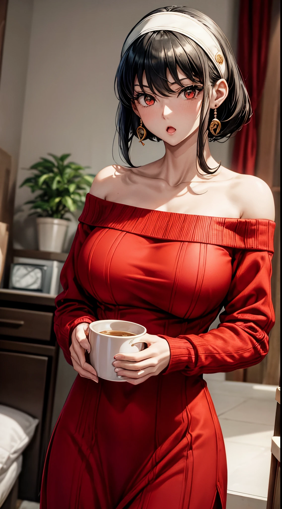 masterpiece, yor, 1girl, solo, looking at viewer, open mouth, black hair, red eyes, dress, bare shoulders, jewelry, collarbone, sidelocks, hairband, earrings, indoors, off shoulder, :o, sweater, arms behind back, plant, short hair with long locks, white hairband, off-shoulder dress, sweater dress, off-shoulder sweater, red sweater, big side hair, very long side hair,big tits, huge tits