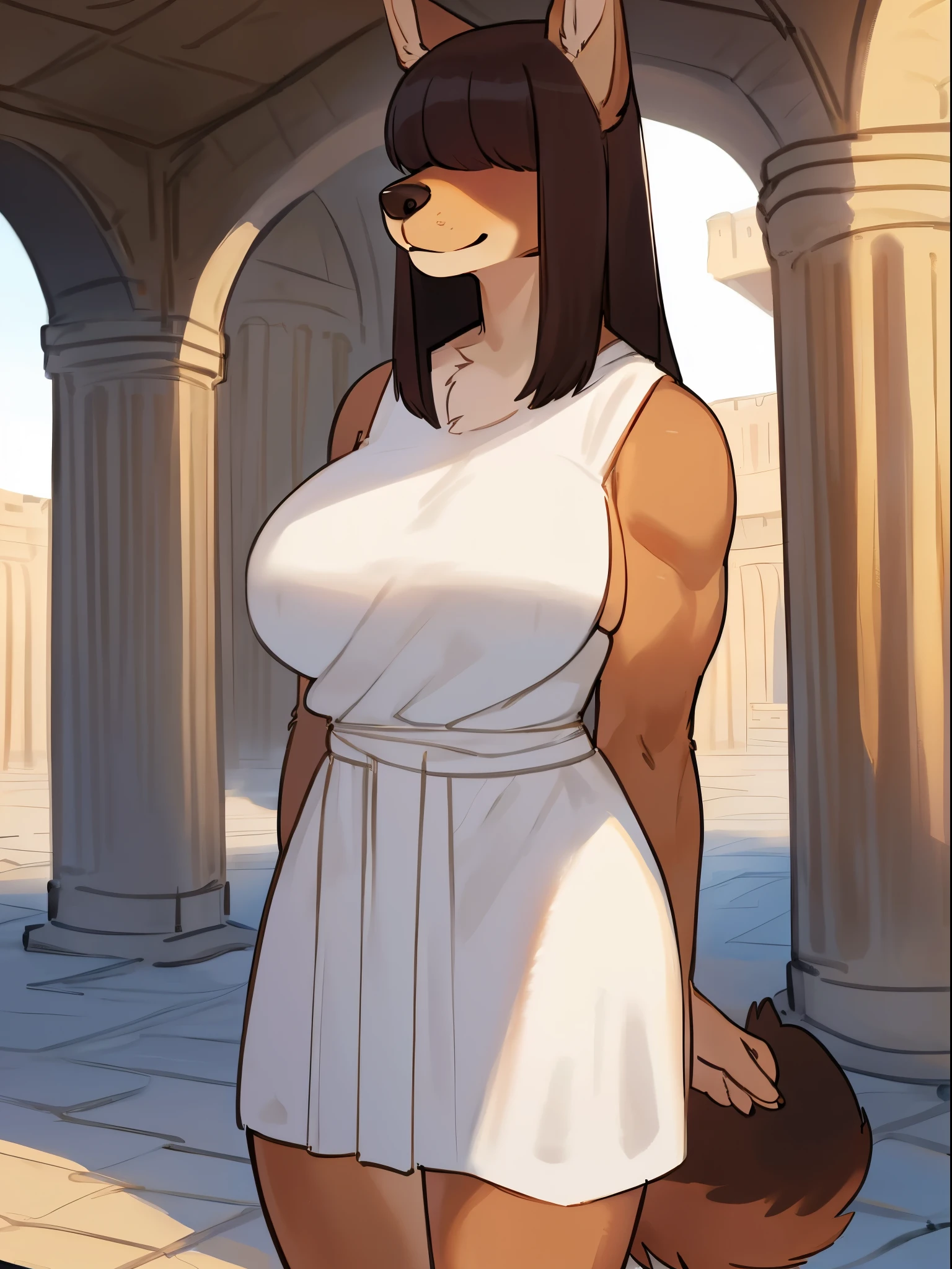 By bebebebebe, by lostgoose, by goonie-san, female, ((canine, snout, hair covering eyes, straight hair, medium hair, flat hair, ears, thin snout)), brown fur, big poofy tail, raised tail, dark maroon hair, (muscular, big breasts), solo, smiling, standing, ancient rome, view from behind, focus on ass, exposed ass, bare ass, vagina, nipples, colosseum