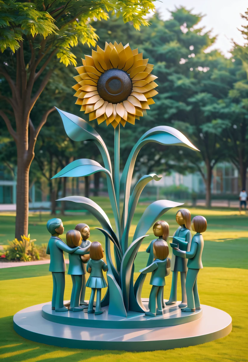 school sculpture,Cute teacher holding sunflower,Surrounded by a group of students,on the school lawn,full iron,metalictexture,metallic luster,vectorial art,Soft color palette,abstract sculpture,3D sculpture with abstract light,modern chinese literati,Gradient of color,hierarchical form,Futuristic sci-fi style metal three-dimensional sculpture,Whimsical three-dimensional metal sculptures,Ethereal style metal three-dimensional sculpture,