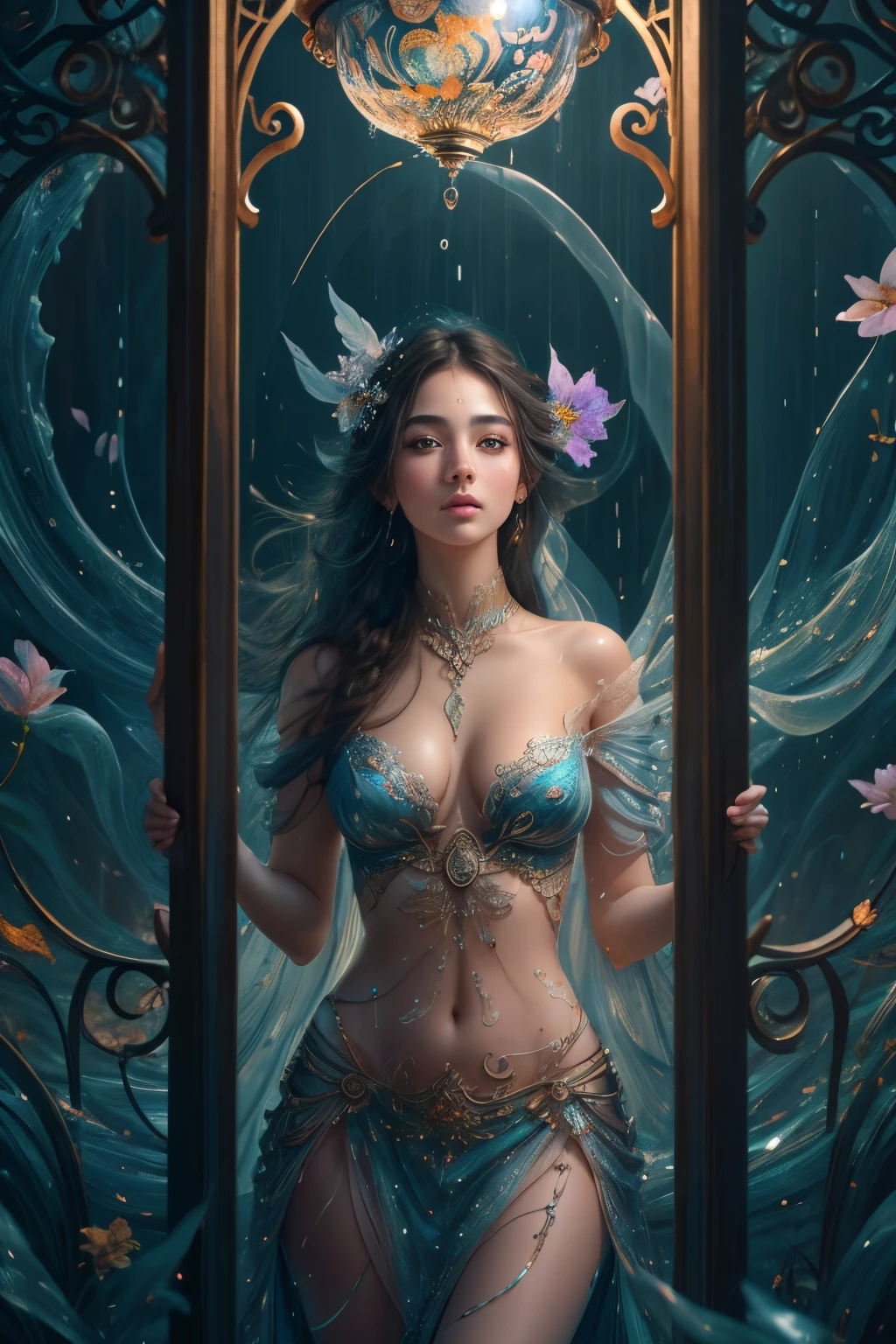 (masterpiece), best quality, expressive eyes, perfect face, huge hourglass, antique hourglass, floating antique clock, beautiful girl inside the hourglass, beautiful Latin girl behind the clock glass, floating antique clock, lamp , lantern, dark night sky, cloudy sky, rain clouds with lightning, beautiful girl looking up, long black hair, Beautiful Hardcore Illustration home page illustration style, dark, high resolution, hard touch illustration, strong outline, 8k, Hiroyuki Nagasaka style, aggressive, beautiful face, fresh beauty, transparent white silk dress, beauty style, bright mist. Paint water splashes. Magic spell. Blue silver gray color gradient glowing vapor veil wave on black abstract art background with free space. Baroque elements, intricate oil paintings, bubbles and swirling fountains, full body, extremely detailed (Fractal Art: 1.3), colorful, more detailed, slight smile, open legs, view of pubic hair, 1 sexy girl in transparent clothing, small breasts exposed, transparent open t-shirt, tattoos of mandalas and flowers, best quality, black and brown hair fused in water, naked girl, beautiful visible pubic area, small breasts in sight, perfect hair, perfect full lips, delicate and perfect body, digital painting, intricately detailed eyes looking up, girl looking up, colorful, fine art, oil painting, finely drawn hands; magical garden, metallic roses, autumn leaves, metallic colors and enamel, meditation, girl in a state of meditation, rain, wlop style art, latin girl with oil tan skin, shiny brown skin,