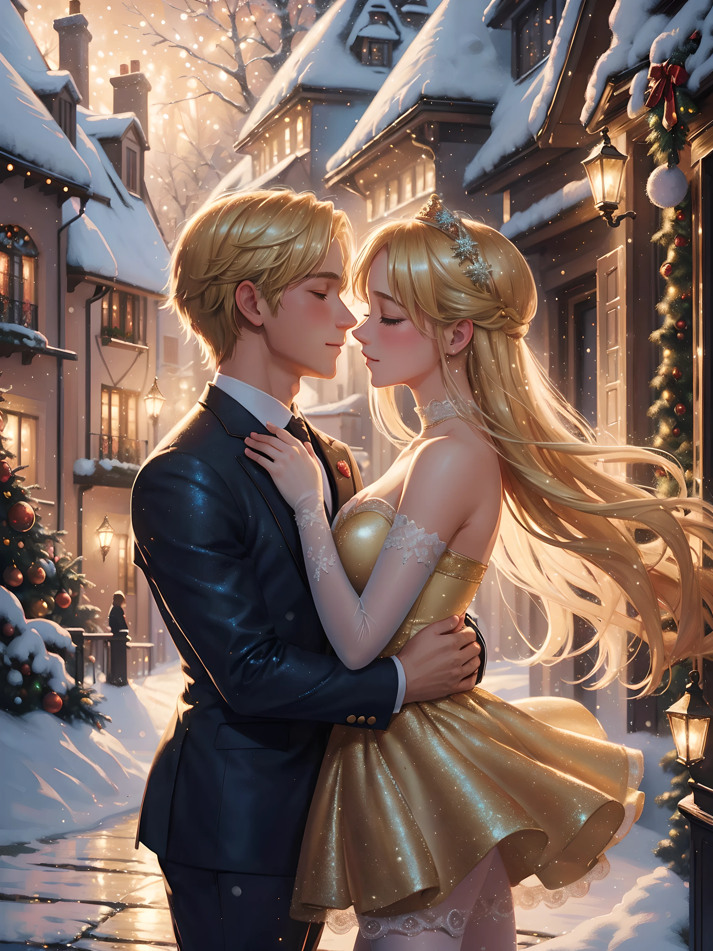 (masterpiece),best quality, ultra detailed, (Absurdres:1.2), create a cute romantic Illustration of a blonde ballet couple in love, Christmas scenery, shimmer, Upper Dynamic Angle, rich picturesque colors, gorgeous digital painting