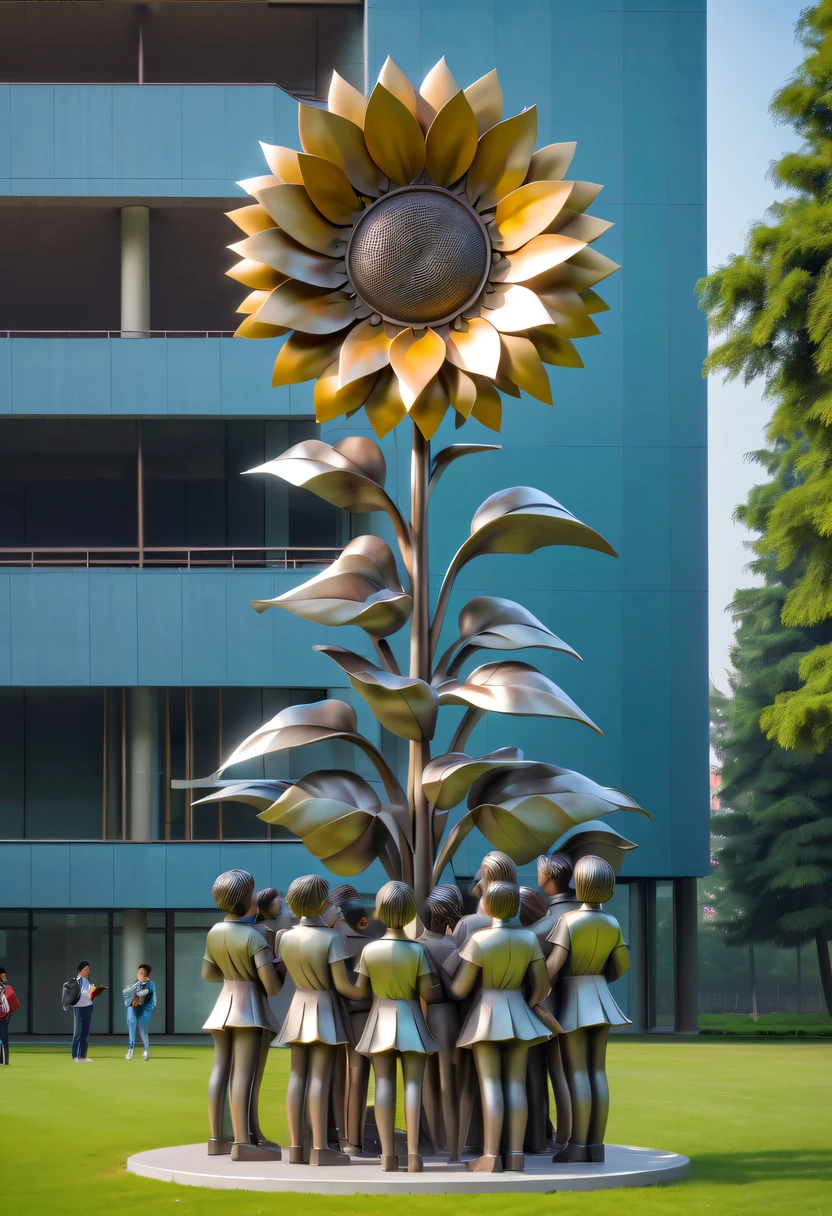 school sculpture，Cute teacher holding sunflower，Surrounded by a group of students，on the school lawn，full iron，metalictexture，metallic  luster，vectorial art，Soft color palette，abstract sculpture，3D sculpture with abstract light，modern chinese literati，Gradient of color，hierarchical form，Futuristic sci-fi style metal three-dimensional sculpture，Whimsical three-dimensional metal sculptures，Ethereal style metal three-dimensional sculpture，