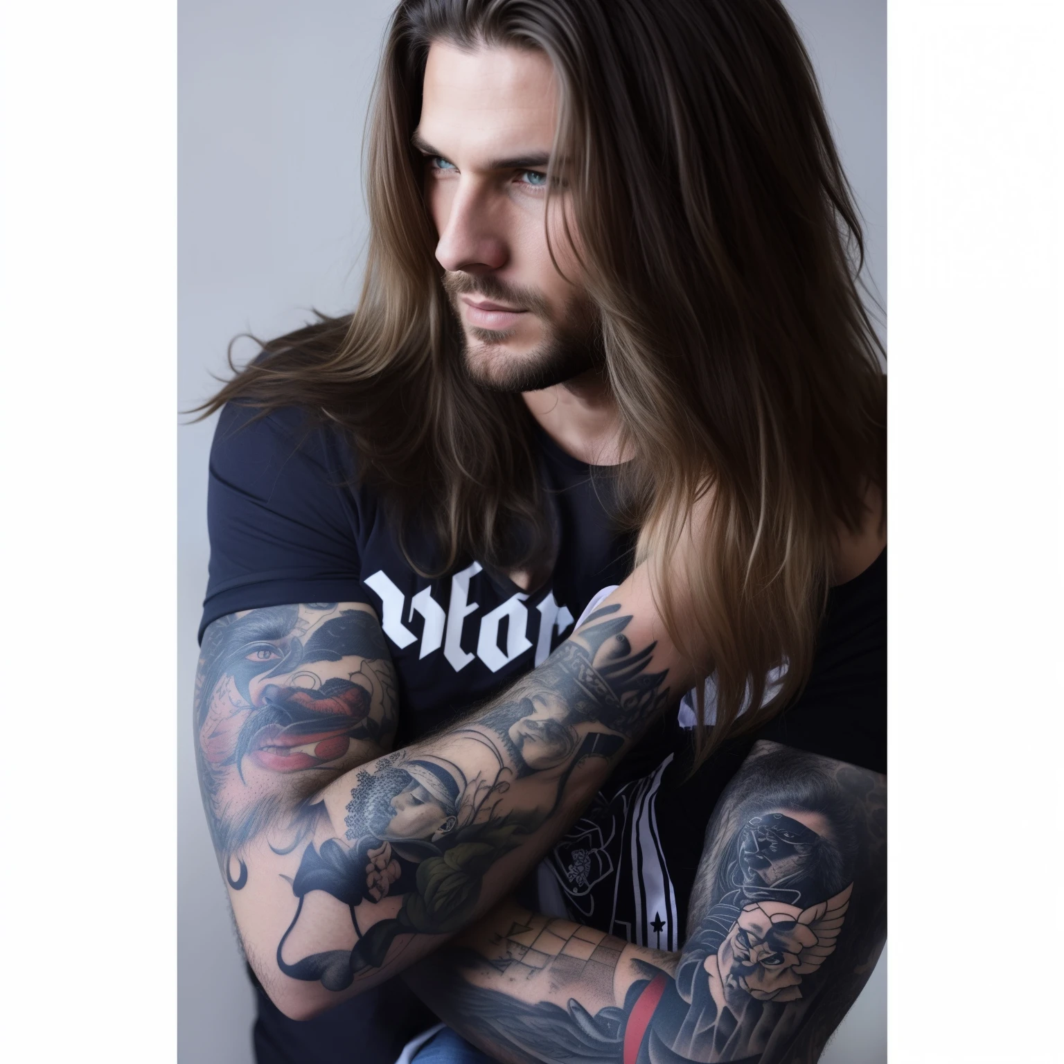 Homem com cabelos longos e tatuagens posando para uma foto, Tatuado, Coberto, tatuador, Jay Bauman, felix englund, adam varga, !!altamente detalhado, Laszlo Szabados, homem tatuado, com tatuagens, muito detalhado, Thomas Veyrat intrincado, Directed by: Adam St. Peter's, com cabelos longos e olhos penetrantes