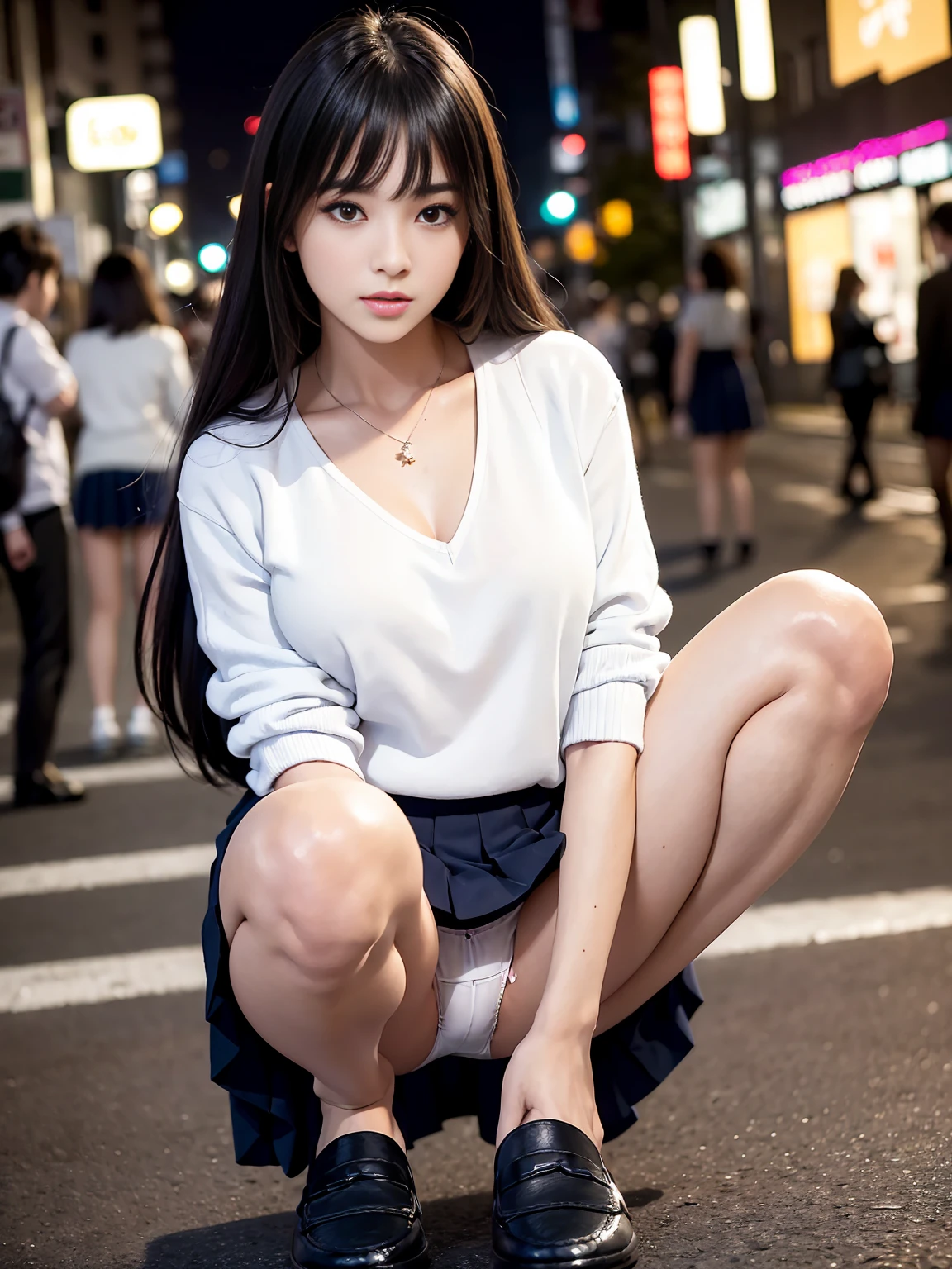 1womanl、(Super beautiful)、(beauitful face:1.5)、Clear pubic contours、Squatting、Spread your legs、(white panties:1.4)、(high-school uniform)、(Dark blue pleated skirt)、(Wear black loafers)、(Sidewalk in Shibuya at night)、Neon sign、(At SFW:1.1)