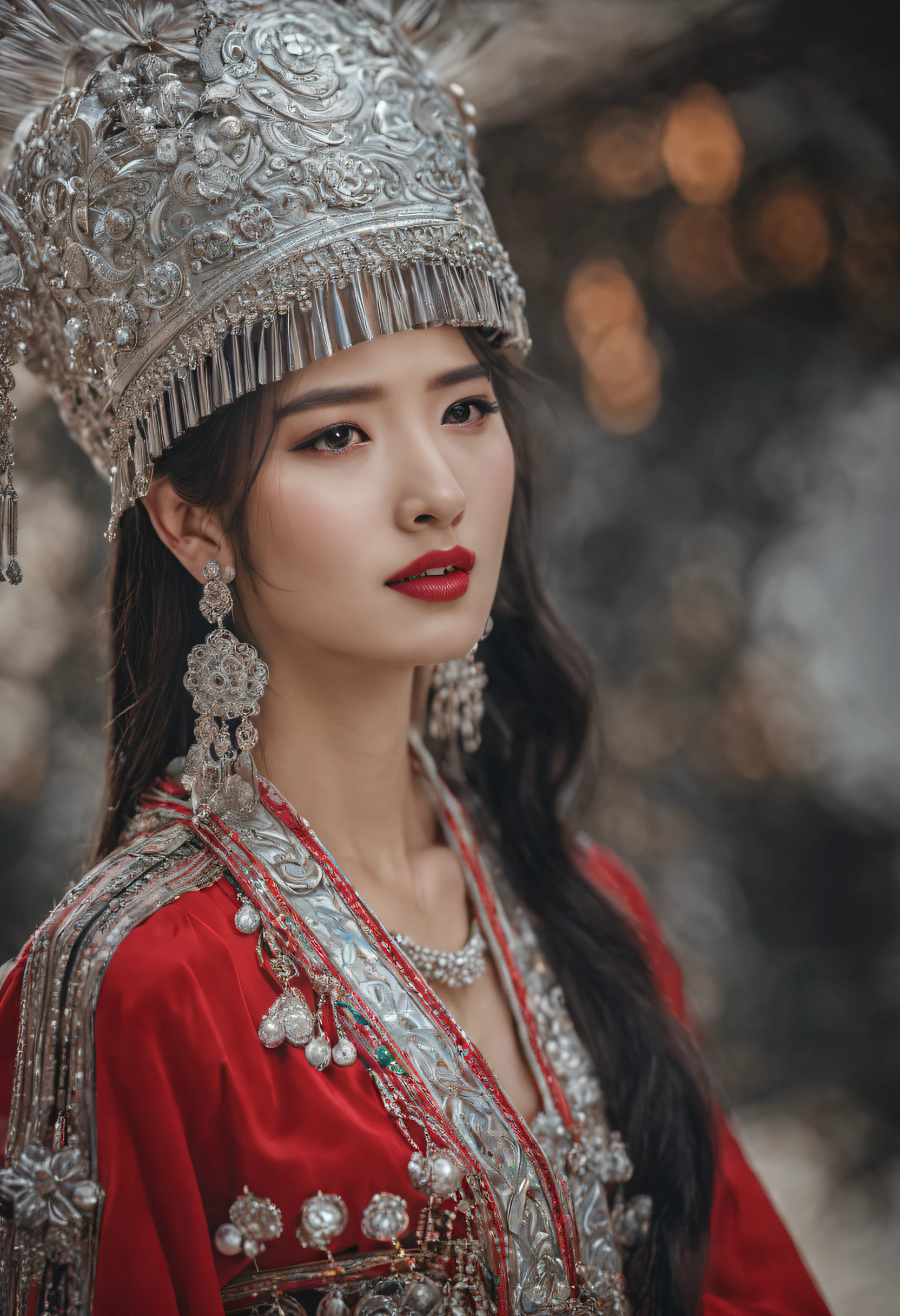 HDR,UHD,8K, best quality, masterpiece, absurdness, (Bae Suzy), extremely detailed, miaoyuansu, hmong, miao8, 1girl, solo, black hair, realistic, long hair, jewelry, earrings, silver bull Horne on hat, upper body, looking at viewer, silky long straight hair, ornament, (very detail traditional clothes), hat, blurry background, portrait, makeup, headdress, eyelashes,