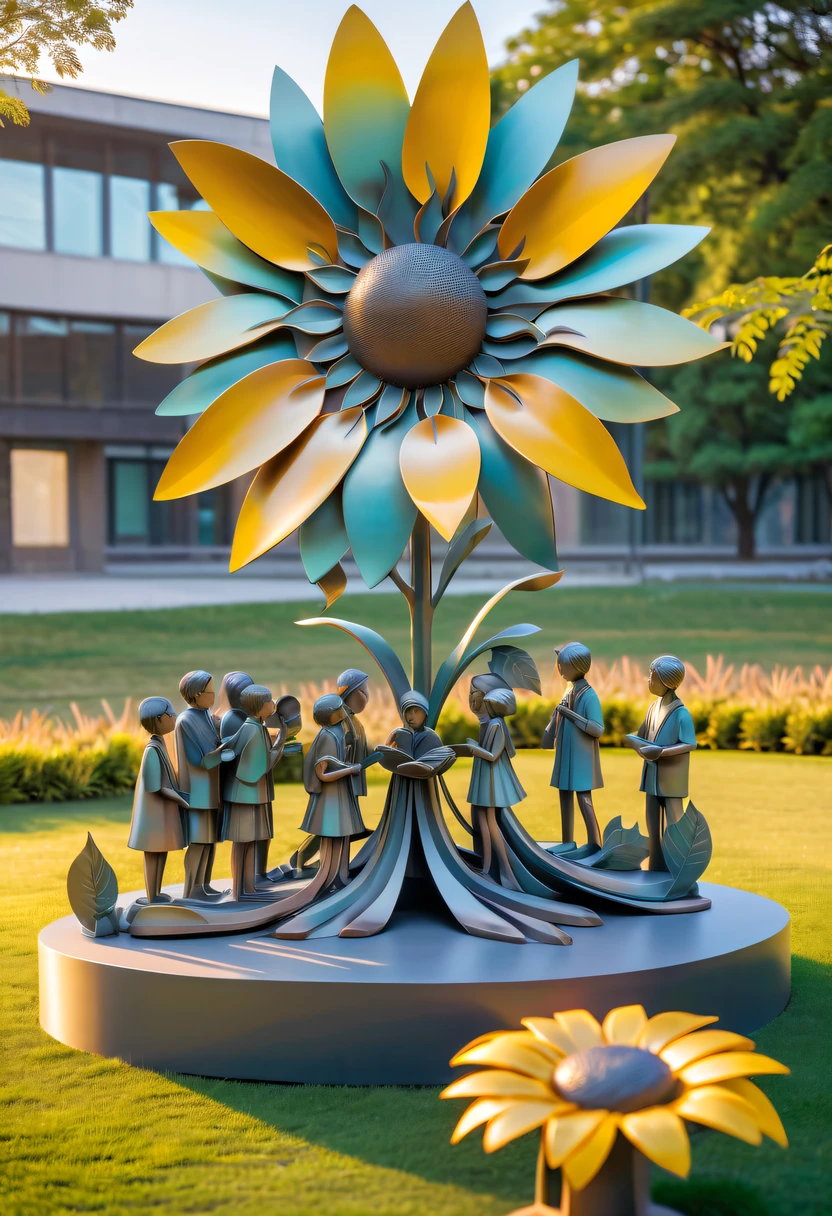 school sculpture，Cute teacher holding sunflower，Surrounded by a group of students，on the school lawn，full iron，metalictexture，metallic  luster，vectorial art，Soft color palette，abstract sculpture，3D sculpture with abstract light，modern chinese literati，Gradient of color，hierarchical form，Futuristic sci-fi style metal three-dimensional sculpture，Whimsical three-dimensional metal sculptures，Ethereal style metal three-dimensional sculpture，