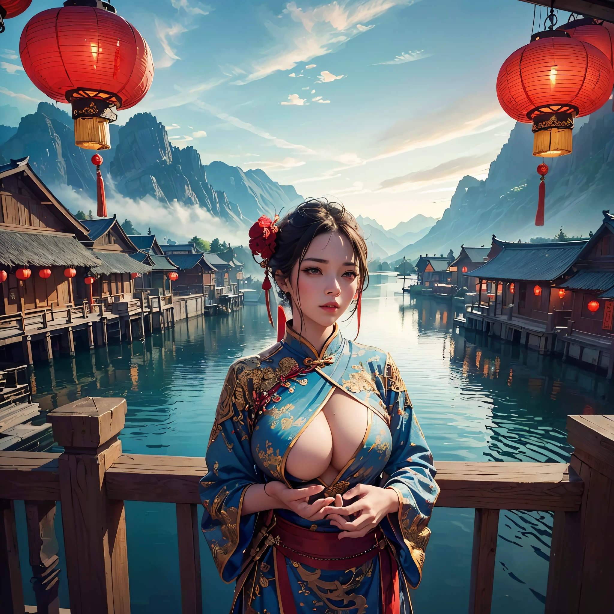 generate sexy chinesse lady with huge boobs wearing sexy traditional chinesse dress, at chinesse village, show her cleaveage, show her boobs, red lantern ornament, lake background, beautifull sky, detail, 8k, beautifull panorama, masterpiece, best quality:1.2),(8k,highres,RAW photo,realistic,photo-realistic:1.3),(detailed skin texture,detailed cloth texture,beautiful detailed face:1.25),professional lighting,photon mapping,beautiful soft light,radiosity,physically-based rendering,raytracing, model shoot style, model shoot style, (extremely detailed CG unity 8k wallpaper), full shot body photo of the most beautiful artwork in the world, nsfw, nude, naked, nipples