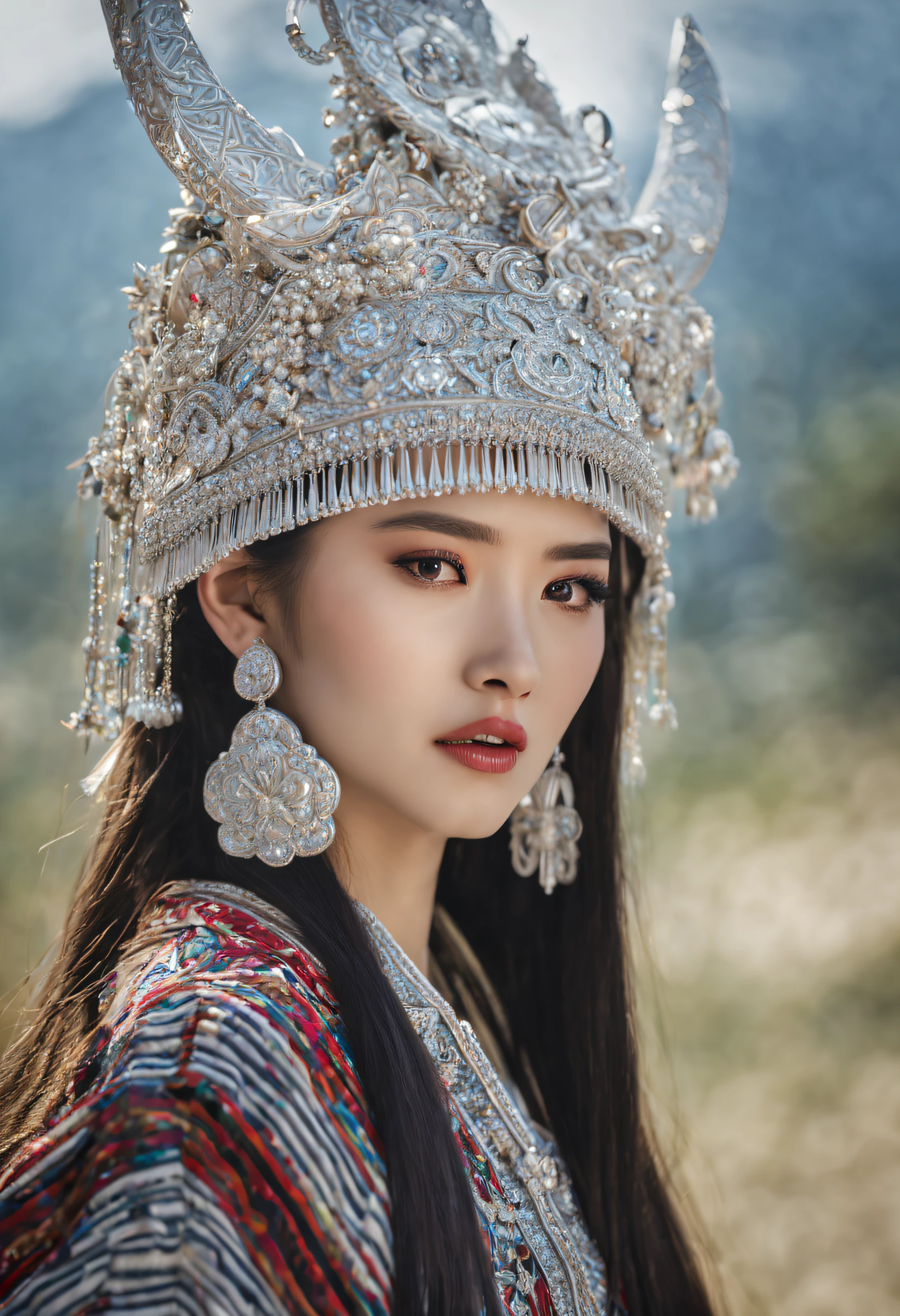 HDR,UHD,8K, best quality, masterpiece, absurdness, (Bae Suzy), extremely detailed, miaoyuansu, hmong, miao8, 1girl, solo, black hair, realistic, long hair, jewelry, earrings, silver bull Horne on hat, upper body, looking at viewer, silky long straight hair, ornament, (very detail traditional clothes), hat, blurry background, portrait, makeup, headdress, eyelashes,