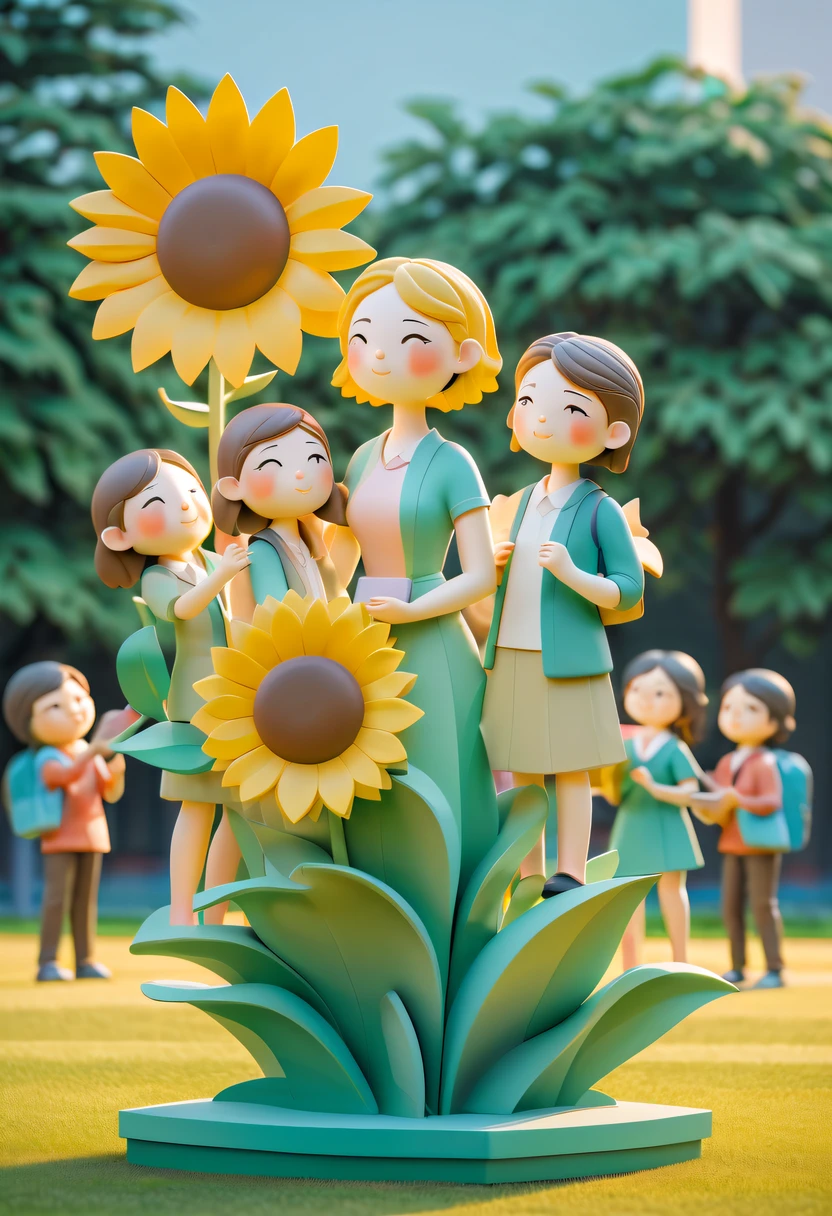 school sculpture，Cute teacher holding sunflower，Surrounded by a group of students，on the school lawn， vectorial art，Soft color palette，abstract sculpture，3D sculpture with abstract light，modern chinese literati，Gradient of color，hierarchical form，Whimsical 3D Sculptures，Ethereal style three-dimensional sculpture