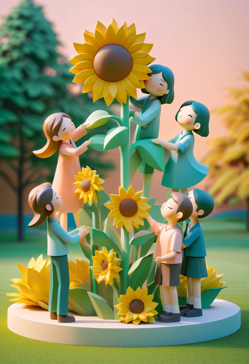 school sculpture，Cute teacher holding sunflower，Surrounded by a group of students，on the school lawn， vectorial art，Soft color palette，abstract sculpture，3D sculpture with abstract light，modern chinese literati，Gradient of color，hierarchical form，Whimsical 3D Sculptures，Ethereal style three-dimensional sculpture