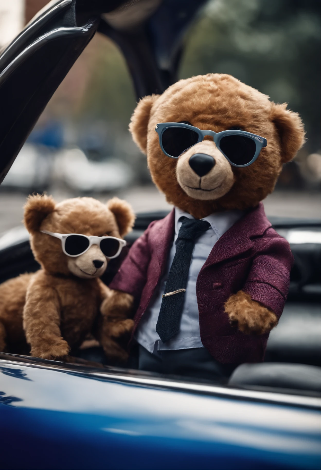 2 teddy bears wearing suits and wearing sunglasses, leaning over a sports car, in New York, purple blue red neon lights, high quality, high detail, 8k