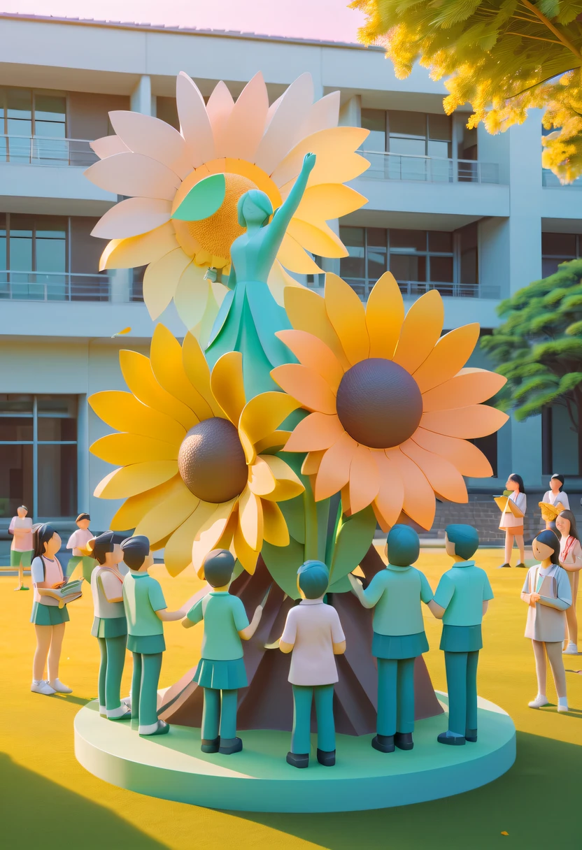 school sculpture，Cute teacher holding sunflower，Surrounded by a group of students，on the school lawn， vectorial art，Soft color palette，abstract sculpture，3D sculpture with abstract light，modern chinese literati，Gradient of color，hierarchical form，Whimsical 3D Sculptures，Ethereal style three-dimensional sculpture