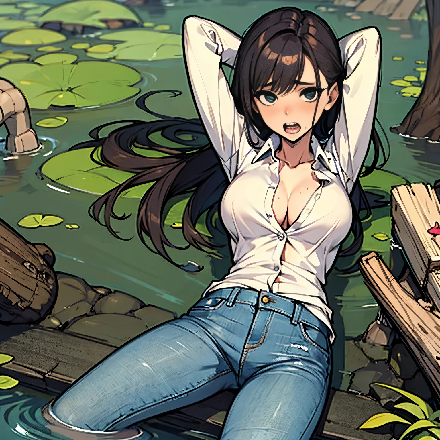 woman in unbuttoned jeans is ashamed, satisfying sexual fetish, and drowns in the swamp