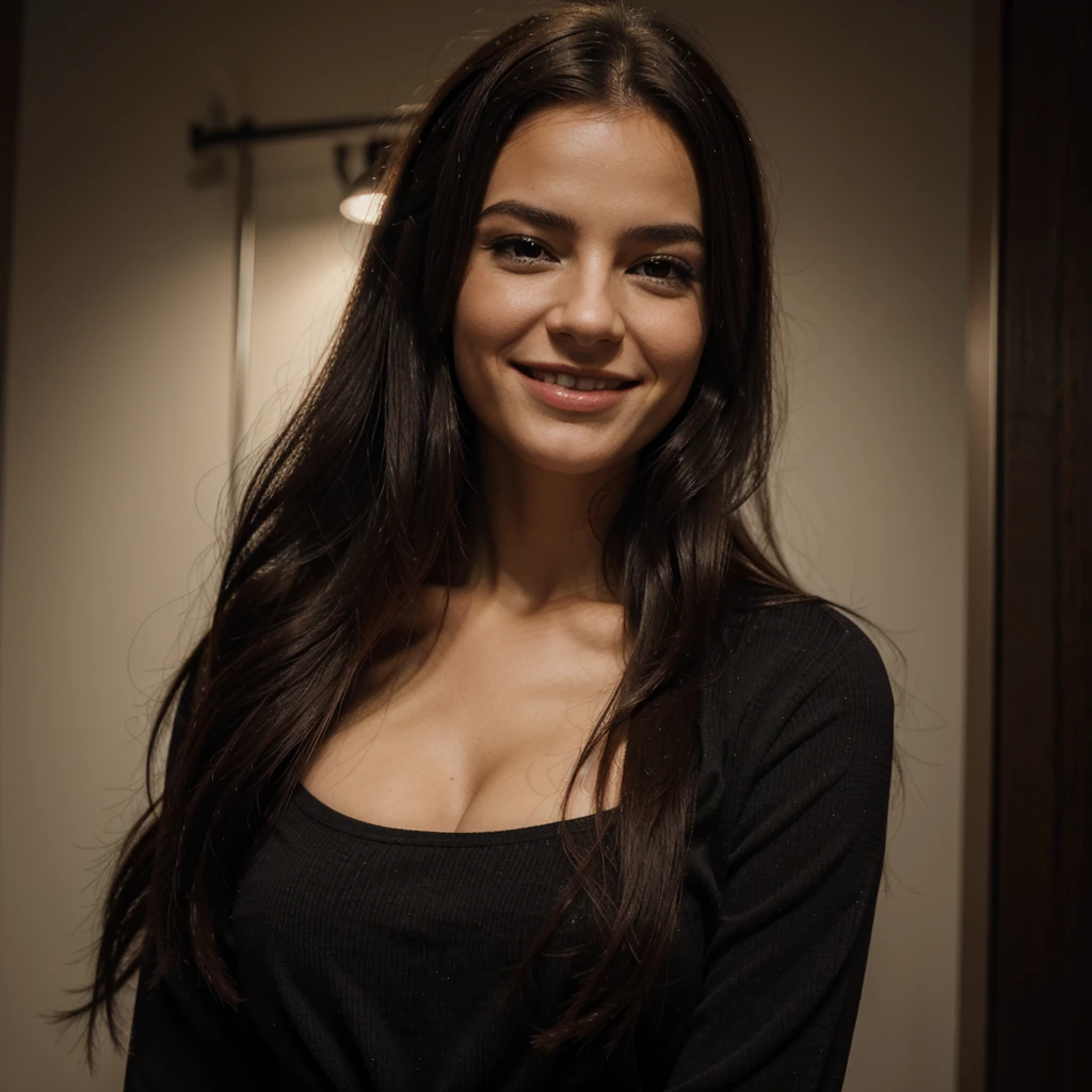 Elle s'appelle MIA , 23 ans, brune, belle, Frenchwoman, 1,68 meters, yeux vairons, yeux verts et bleus, coupe de cheveux carré, souriante, ultra realist, sparkling, chipie, beautiful woman, sexy, Selfie, portrait, peau parfaite, dressed in black, sourire malicieux
