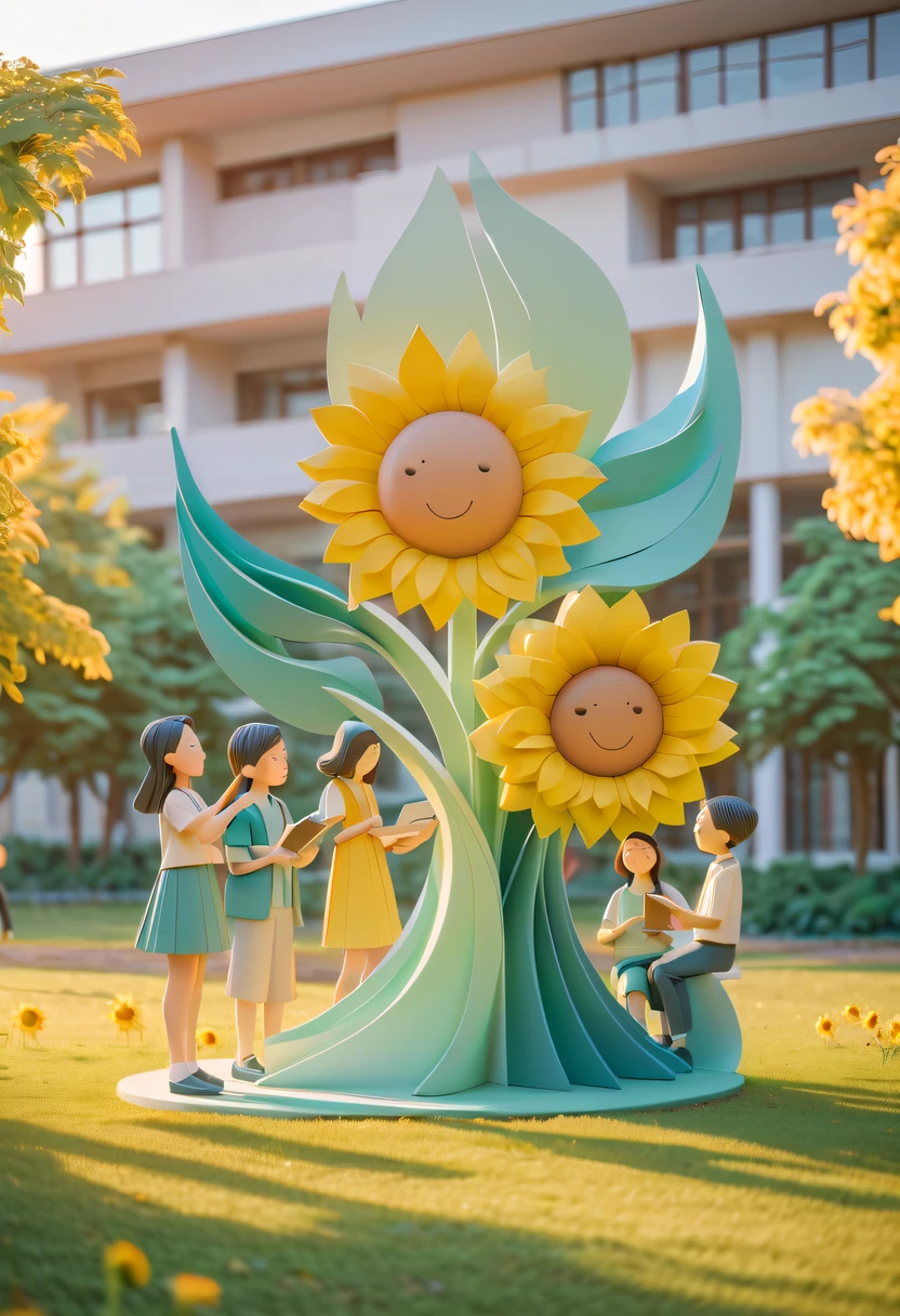 school sculpture,Cute teacher holding sunflower,Surrounded by a group of students,on the school lawn, vectorial art,Soft color palette,abstract sculpture,3D sculpture with abstract light,modern chinese literati,Gradient of color,hierarchical form,Whimsical 3D Sculptures,Ethereal style three-dimensional sculpture