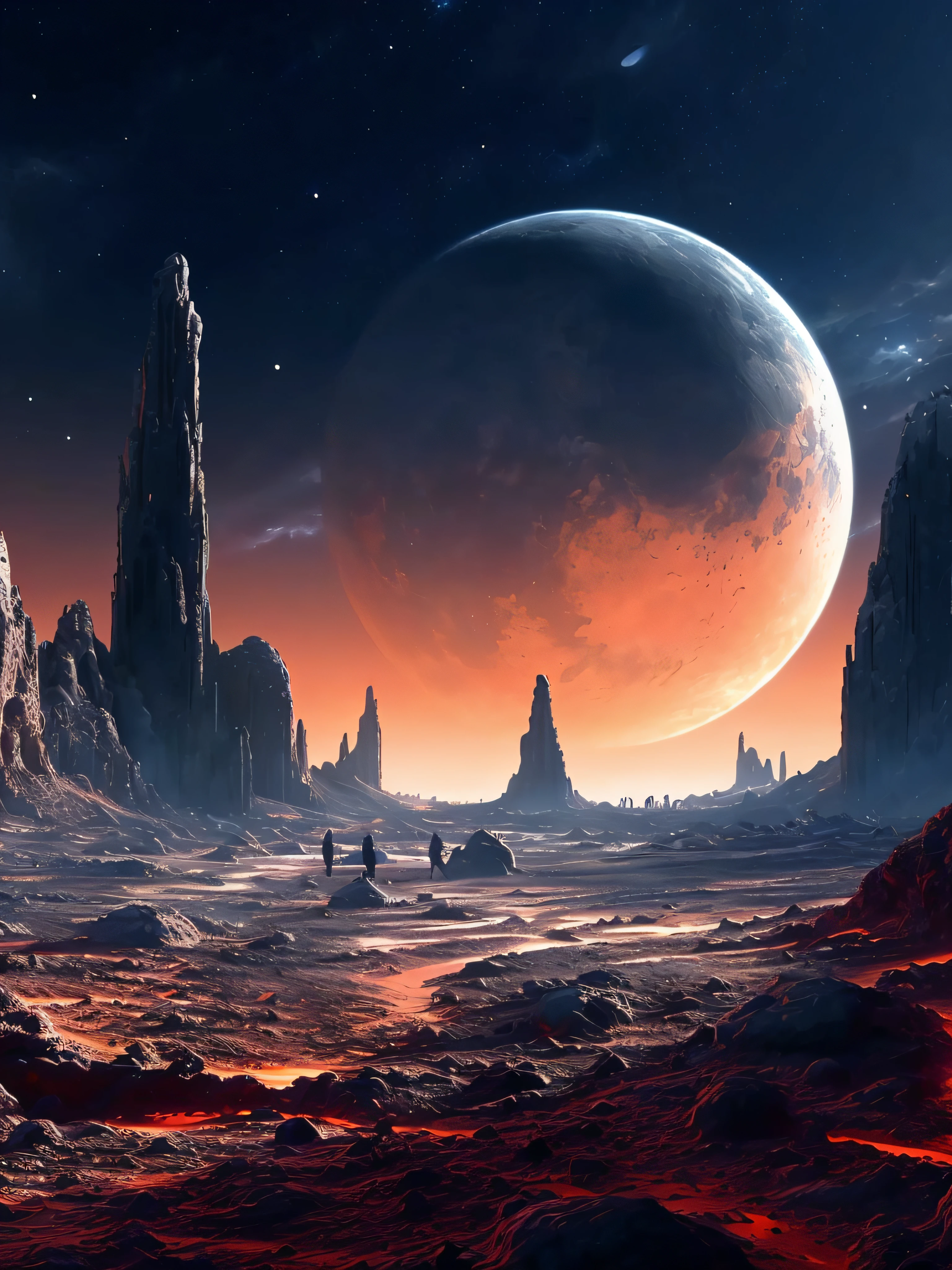 Distant planets have red skies and red moons, Sci-fi fantasy wallpaper, stunning alien landscape, Beautiful alien landscape, stunning alien landscape, Otherworldly landscapes, strange scenery, epic fantasy sci fi illustration, 4k highly detailed digital art, Stunning alien landscapes, sci-fi fantasy desktop wallpaper, Alien landscape, planetarylandscape