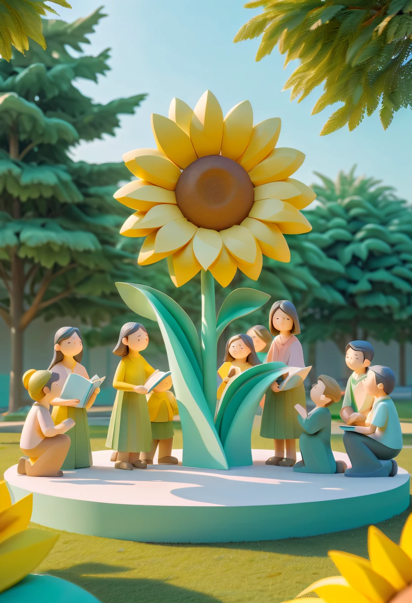 school sculpture，Cute teacher holding sunflower，Surrounded by a group of students，on the school lawn， vectorial art，Soft color palette，abstract sculpture，3D sculpture with abstract light，modern chinese literati，Gradient of color，hierarchical form，Whimsical 3D Sculptures，Ethereal style three-dimensional sculpture