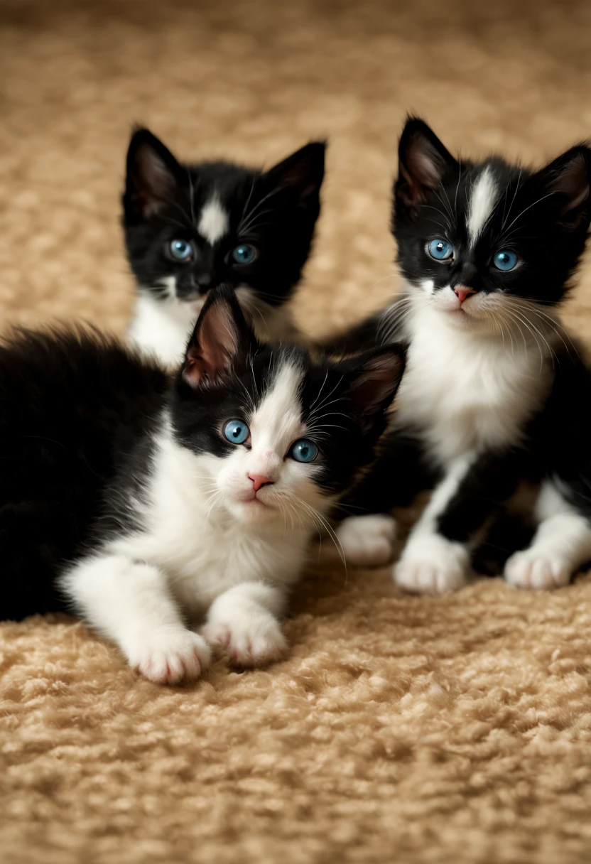 Extrememly realistic, 3 tuxedo kittens  recumbent on a carpet with a ball, black mountain college, bloomsbury group, portraiture style of edwardian beauty, layered textures , elegantly formal (Rembrandt Lighting), zeiss lens, ultra realistic, (high detailed skin:1.2), 8k uhd, dslr, Dramatic Rim light, high quality, Fujifilm XT3 HDRI