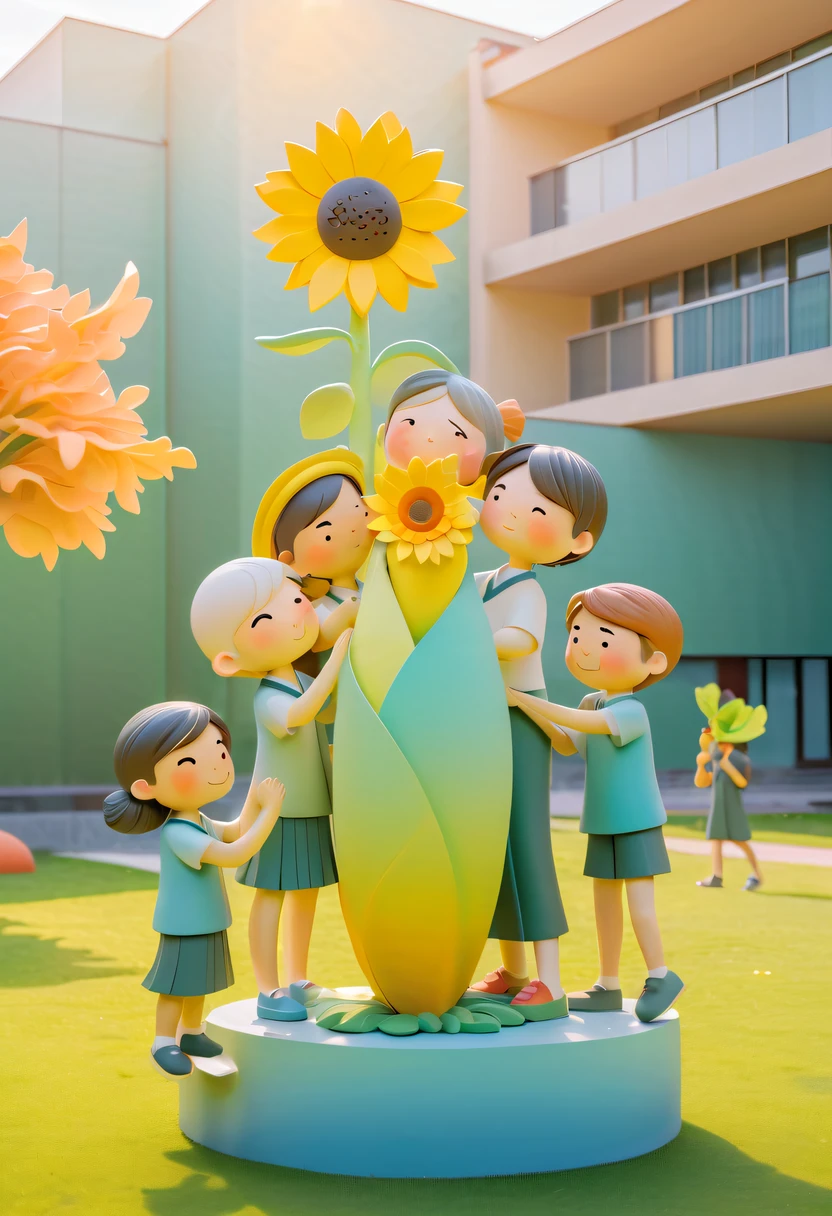 school sculpture,Cute teacher holding sunflower,Surrounded by a group of students,on the school lawn, vectorial art,Soft color palette,abstract sculpture,3D sculpture with abstract light,modern chinese literati,Gradient of color,hierarchical form,Whimsical 3D Sculptures,Ethereal style three-dimensional sculpture