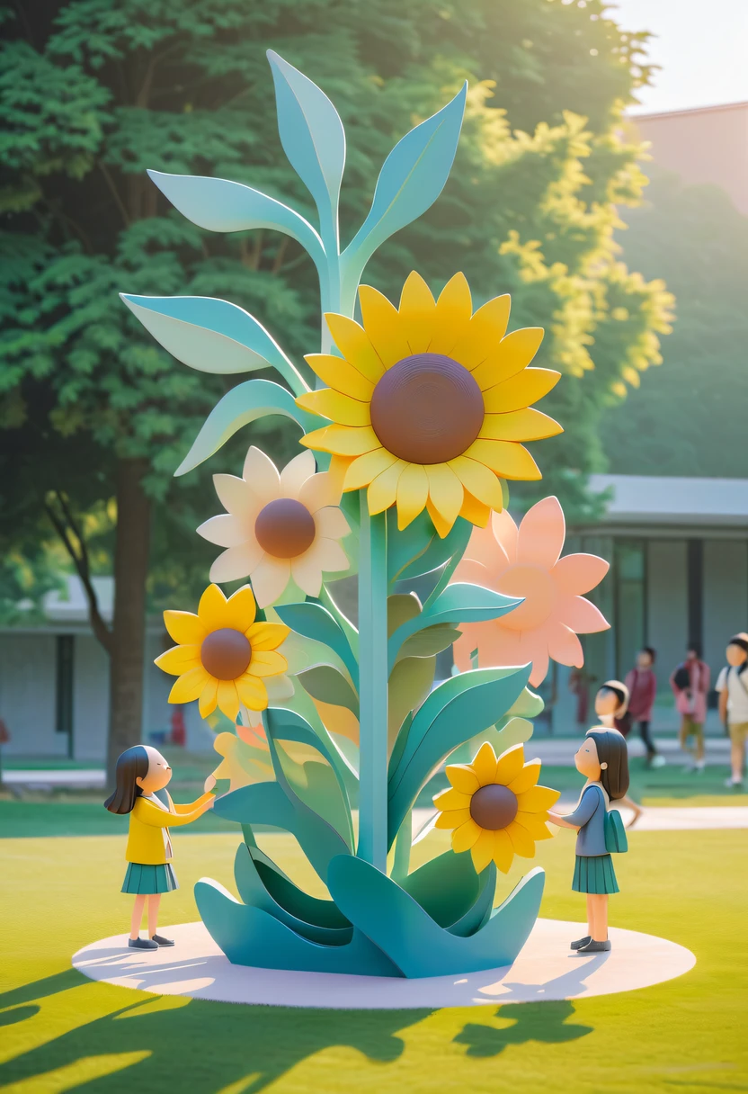 school sculpture,Cute teacher holding sunflower,Surrounded by a group of students,on the school lawn, vectorial art,Soft color palette,abstract sculpture,3D sculpture with abstract light,modern chinese literati,Gradient of color,hierarchical form,Whimsical 3D Sculptures,Ethereal style three-dimensional sculpture