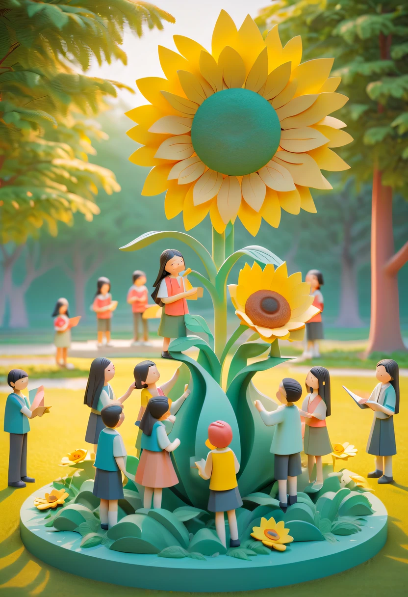 school sculpture,Cute teacher holding sunflower,Surrounded by a group of students,on the school lawn, vectorial art,Soft color palette,abstract sculpture,3D sculpture with abstract light,Ancient Chinese literati,Gradient of color,hierarchical form,Whimsical 3D Sculptures,Ethereal style three-dimensional sculpture