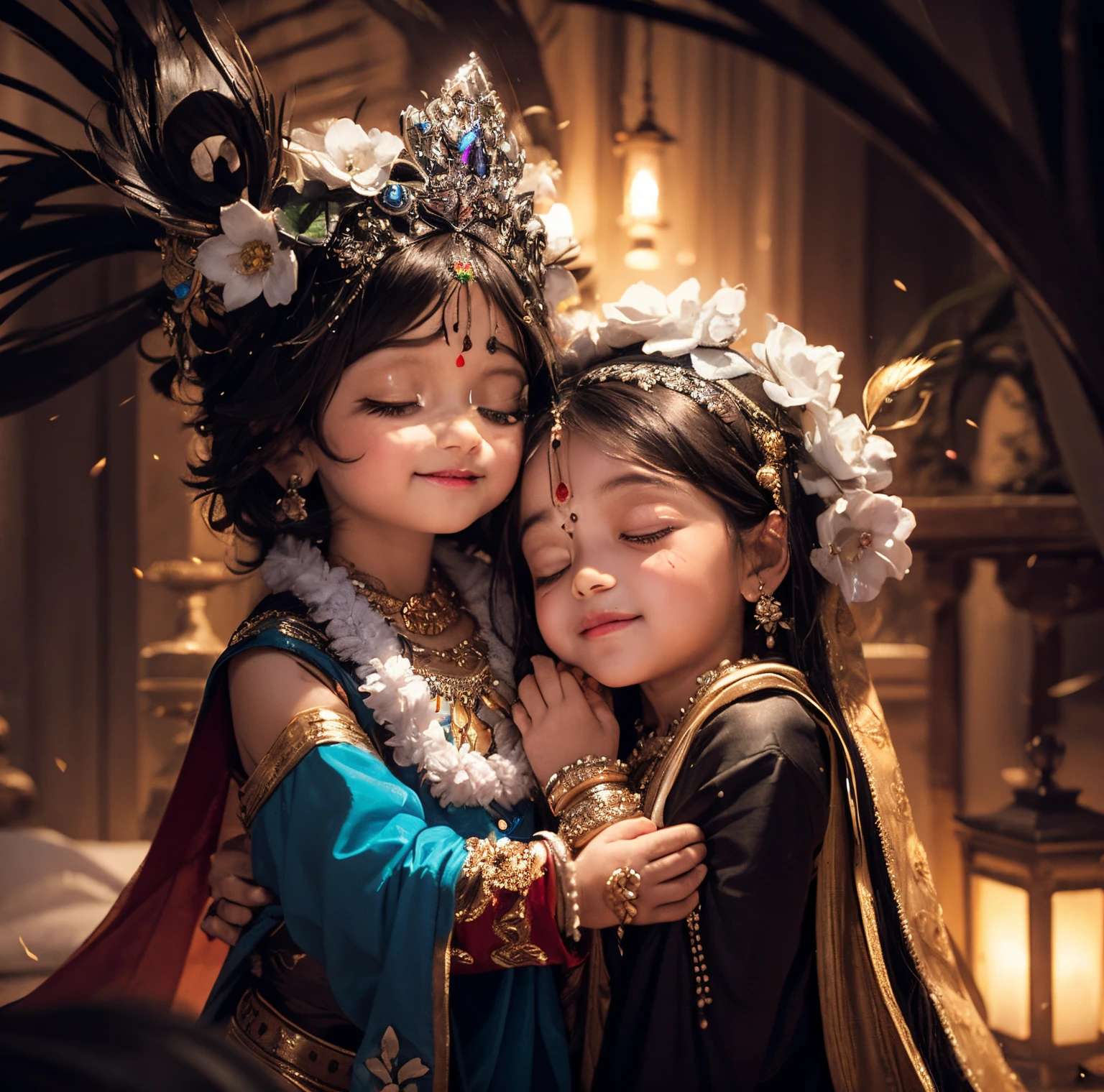 Krishna and Radha , kids character 3 , background black and white mountain ice,