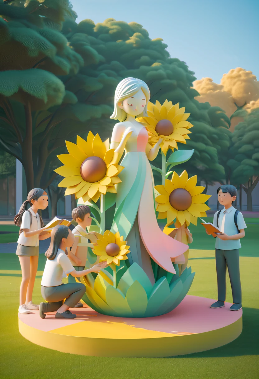 school sculpture,Cute teacher holding sunflower,Surrounded by a group of students,on the school lawn, vectorial art,Soft color palette,abstract sculpture,3D sculpture with abstract light,modern chinese literati,Gradient of color,hierarchical form,Whimsical 3D Sculptures,Ethereal style three-dimensional sculpture