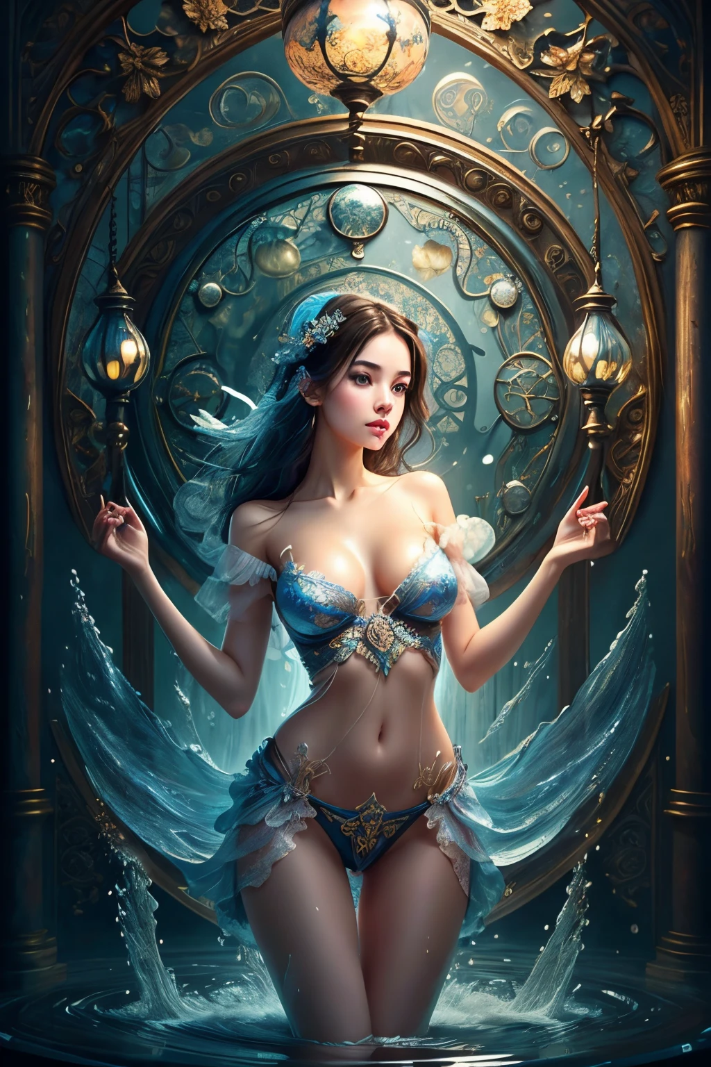 (masterpiece), best quality, expressive eyes, perfect face, huge hourglass, antique hourglass, floating antique clock, beautiful girl inside the hourglass, beautiful Latin girl behind the clock glass, floating antique clock, lamp , lantern, dark night sky, cloudy sky, rain clouds with lightning, beautiful girl looking up, long black hair, Beautiful Hardcore Illustration home page illustration style, dark, high resolution, hard touch illustration, strong outline, 8k, Hiroyuki Nagasaka style, aggressive, beautiful face, fresh beauty, transparent white silk dress, beauty style, bright mist. Paint water splashes. Magic spell. Blue silver gray color gradient glowing vapor veil wave on black abstract art background with free space. Baroque elements, intricate oil paintings, bubbles and swirling fountains, full body, extremely detailed (Fractal Art: 1.3), colorful, more detailed, slight smile, open legs, view of pubic hair, 1 sexy girl in transparent clothing, small breasts exposed, transparent open t-shirt, tattoos of mandalas and flowers, best quality, black and brown hair fused in water, naked girl, beautiful visible pubic area, small breasts in sight, perfect hair, perfect full lips, delicate and perfect body, digital painting, intricately detailed eyes looking up, girl looking up, colorful, fine art, oil painting, finely drawn hands; magical garden, metallic roses, autumn leaves, metallic colors and enamel, meditation, girl in a state of meditation, rain, wlop style art, latin girl with oil tan skin, shiny brown skin,