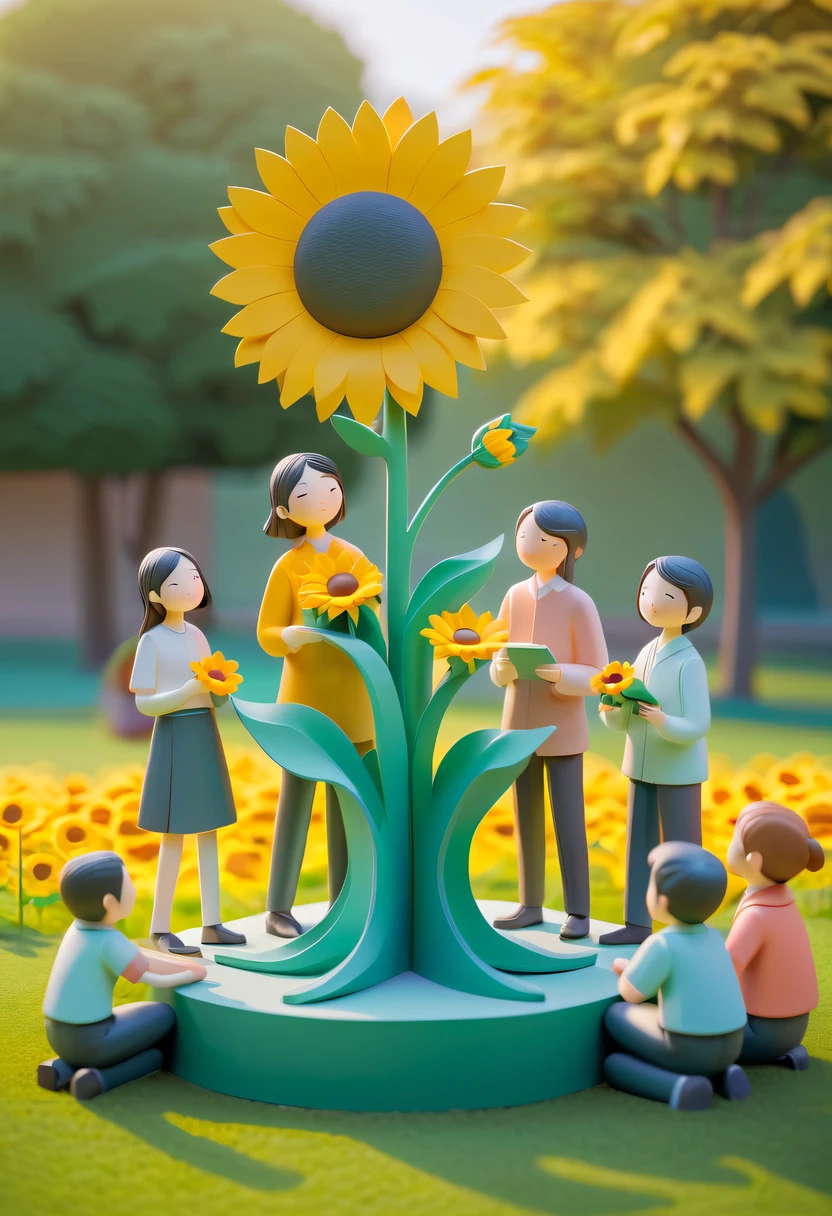 school sculpture，Cute teacher holding sunflower，Surrounded by a group of students，on the school lawn， vectorial art，Soft color palette，abstract sculpture，3D sculpture with abstract light，modern chinese literati，Gradient of color，hierarchical form，Whimsical 3D Sculptures，Ethereal style three-dimensional sculpture