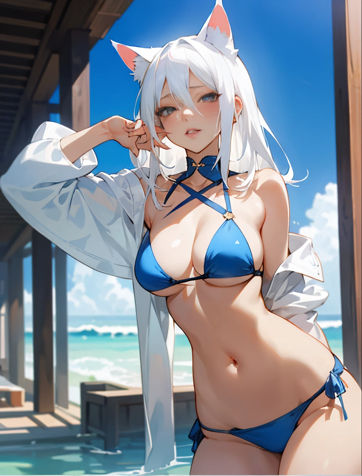 Very Sexy,anime girl,white hair,cat ears,beautiful lips,medium sized breasts,not shy,blue bikini,in house,horny,bites his lip