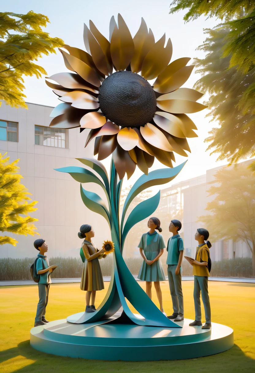 school sculpture,Cute teacher holding sunflower,Surrounded by a group of students,on the school lawn,full iron,metalictexture,metallic luster,vectorial art,Soft color palette,abstract sculpture,3D sculpture with abstract light,modern chinese literati,Gradient of color,hierarchical form,Futuristic sci-fi style metal three-dimensional sculpture,Whimsical three-dimensional metal sculptures,Ethereal style metal three-dimensional sculpture,