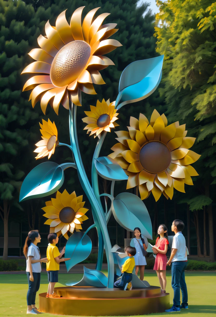 school sculpture，Cute teacher holding sunflower，Surrounded by a group of students，on the school lawn，full iron，metalictexture，metallic  luster，vectorial art，Soft color palette，abstract sculpture，3D sculpture with abstract light，modern chinese literati，Gradient of color，hierarchical form，Futuristic sci-fi style metal three-dimensional sculpture，Whimsical three-dimensional metal sculptures，Ethereal style metal three-dimensional sculpture，