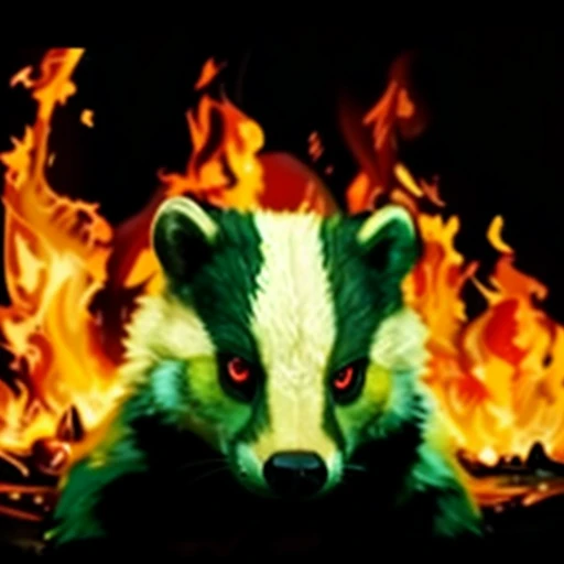 Silver Metal skin, silver metal animal fur, shiny, smooth, badger, red eyes, fire, profile picture