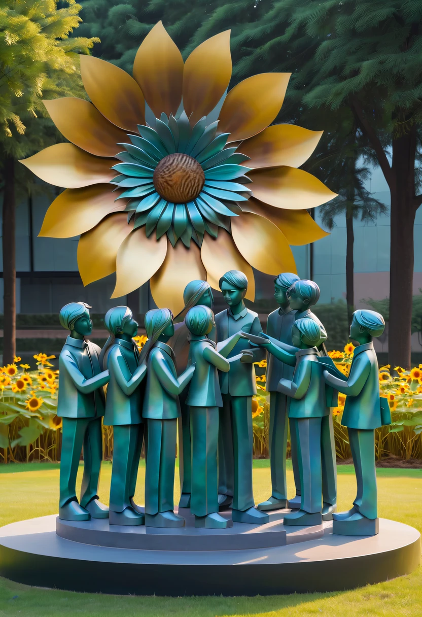 school sculpture,Cute teacher holding sunflower,Surrounded by a group of students,on the school lawn,full iron,metalictexture,metallic luster,vectorial art,Soft color palette,abstract sculpture,3D sculpture with abstract light,modern chinese literati,Gradient of color,hierarchical form,Futuristic sci-fi style metal three-dimensional sculpture,Whimsical three-dimensional metal sculptures,Ethereal style metal three-dimensional sculpture,