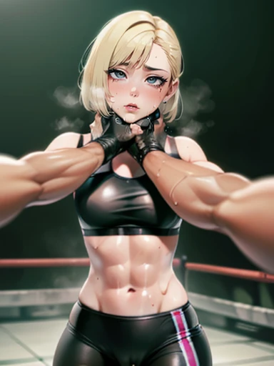 ((viewer chokes mature female boxer girl)), 1st person view, sexy lips, sports bra, ((boxing gloves ,sweat all over the body,（An enthusiastic look）,steam,((two womens)),in crotch, eyes rolling,Ripe body,NSFW,female face,standing back, (cum on clothes:1.3), Abs, violence, bruises, wet, oiled skin, asphyxiation, stranging, pov_strangling, leggings