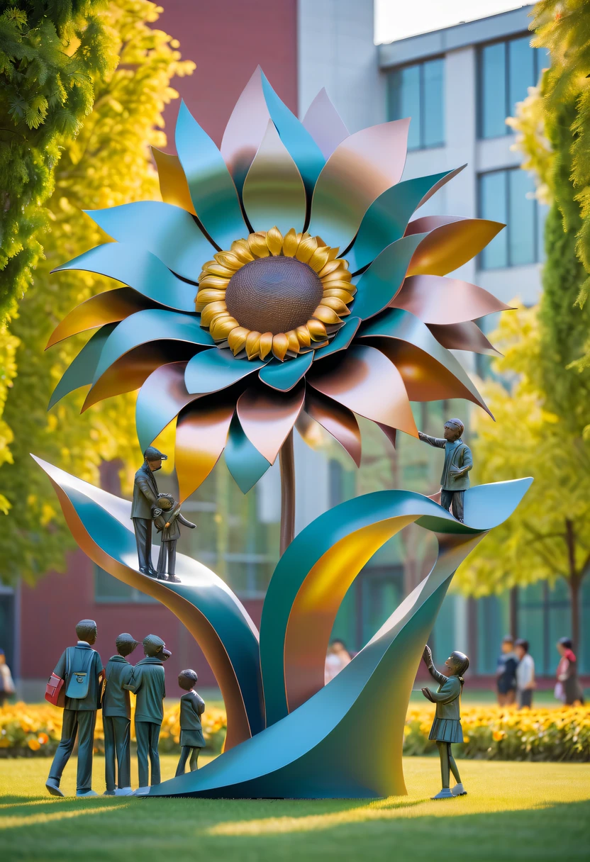 school sculpture,Cute teacher holding sunflower,Surrounded by a group of students,on the school lawn,full iron,metalictexture,metallic luster,vectorial art,Soft color palette,abstract sculpture,3D sculpture with abstract light,modern chinese literati,Gradient of color,hierarchical form,Futuristic sci-fi style metal three-dimensional sculpture,Whimsical three-dimensional metal sculptures,Ethereal style metal three-dimensional sculpture,