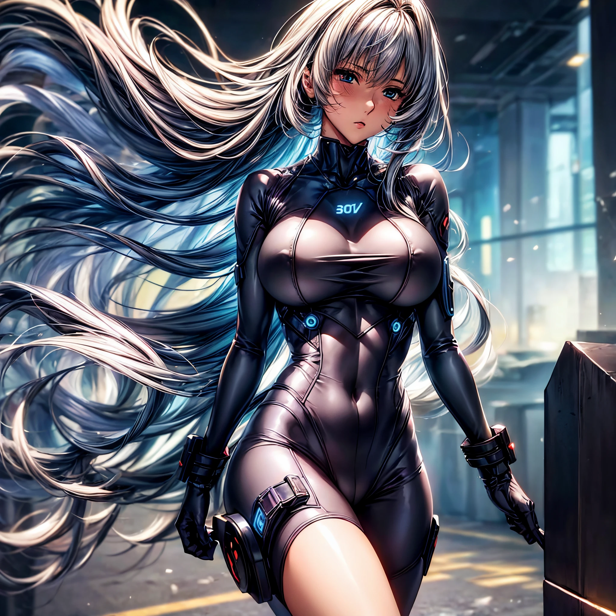 (top-quality、tmasterpiece、Very high resolution、super high image quality、High-quality pixels)、solo, perfect figure,8K, large breast,(Detailed description of hair), (Detailed description of face),(Detailed description of body), fair and clear skin, matchless beauty, long legged, (30 years old),facing the audience, professional photographic lighting, silver hair,heterochromia, cowbody shot,black gantz suit,tall and strong body