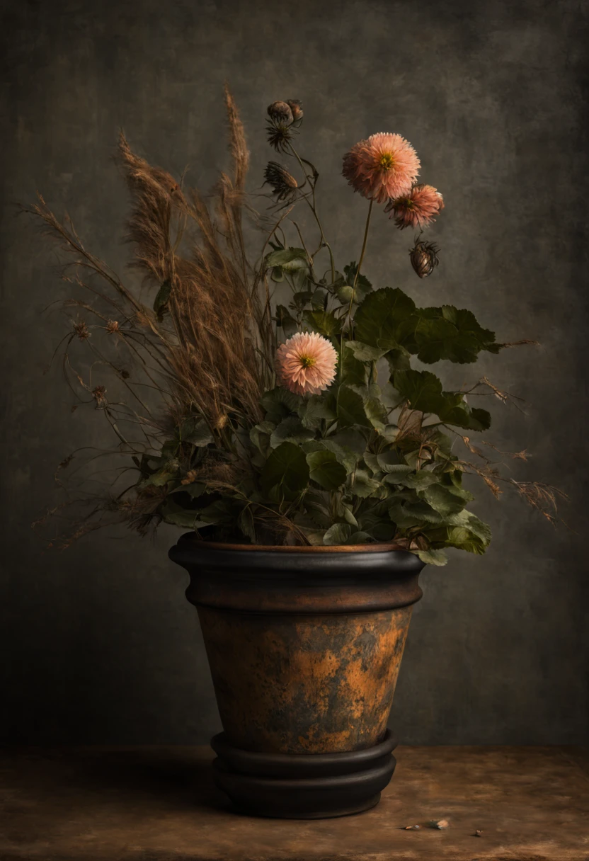 Extrememly realistic, FLOWER POT WITH WITHERED Dead plant , black mountain college, bloomsbury group, portraiture style of edwardian beauty, layered textures , elegantly formal (Rembrandt Lighting), zeiss lens, ultra realistic, (high detailed skin:1.2), 8k uhd, dslr, Dramatic Rim light, high quality, Fujifilm XT3 HDRI