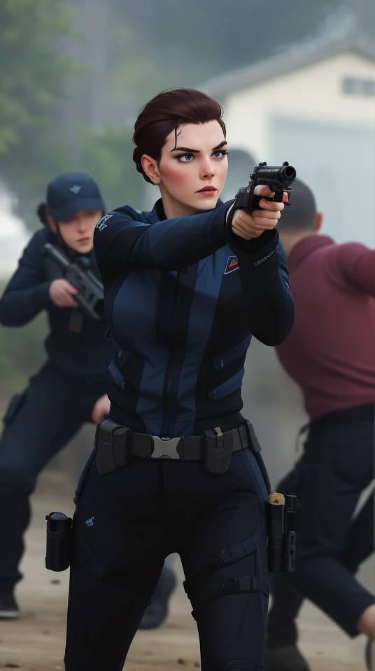 widow aiming and holding a gun in beautifully scared and people are running, she is pointing it and trying to face it with a brave face