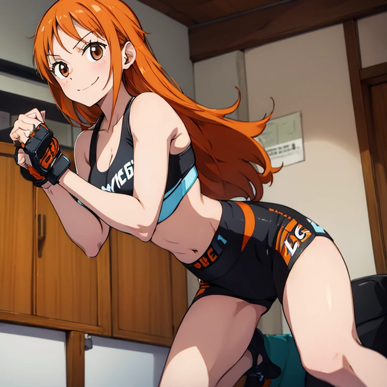 A cute tall girl with long orange hair, Brown eyes, a funny smirk, she's wearing a light blue bikini, MMA gloves, anklets and knee pads, in a fighting cage, full body pic