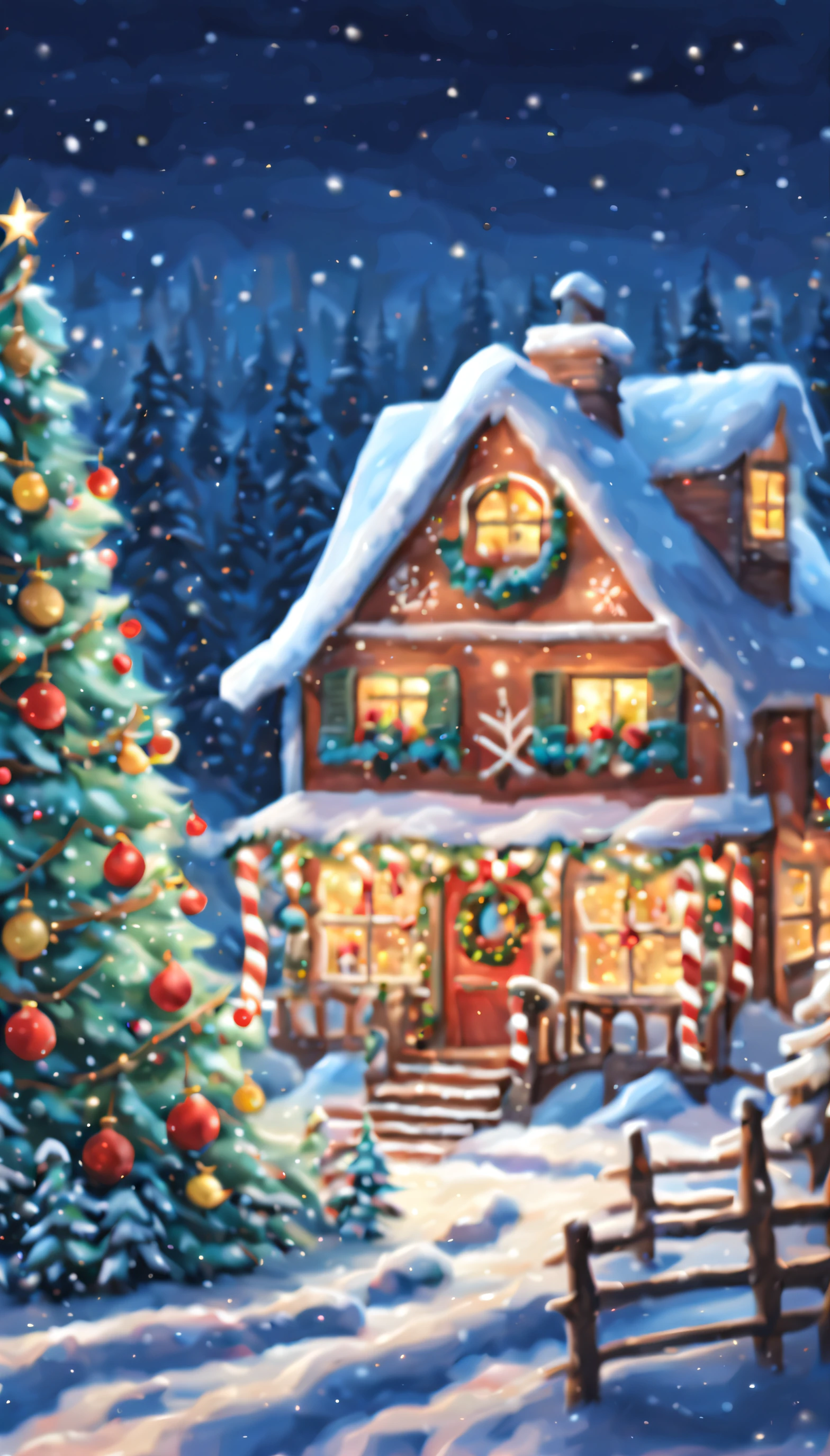 Craft a heartwarming AI-generated Christmas scene that combines tradition with a touch of magic. Envision a snowy village aglow with twinkling lights, where families and friends gather. Picture classic holiday elements like decorated evergreen trees, festive ornaments, and the aroma of freshly baked treats. Infuse a touch of enchantment, perhaps with friendly woodland creatures sharing in the festivities or a hint of snowfall casting a soft glow. Invite the AI to paint a cozy, festive tableau that evokes the spirit of joy, togetherness, and the magic of the holiday season."8k