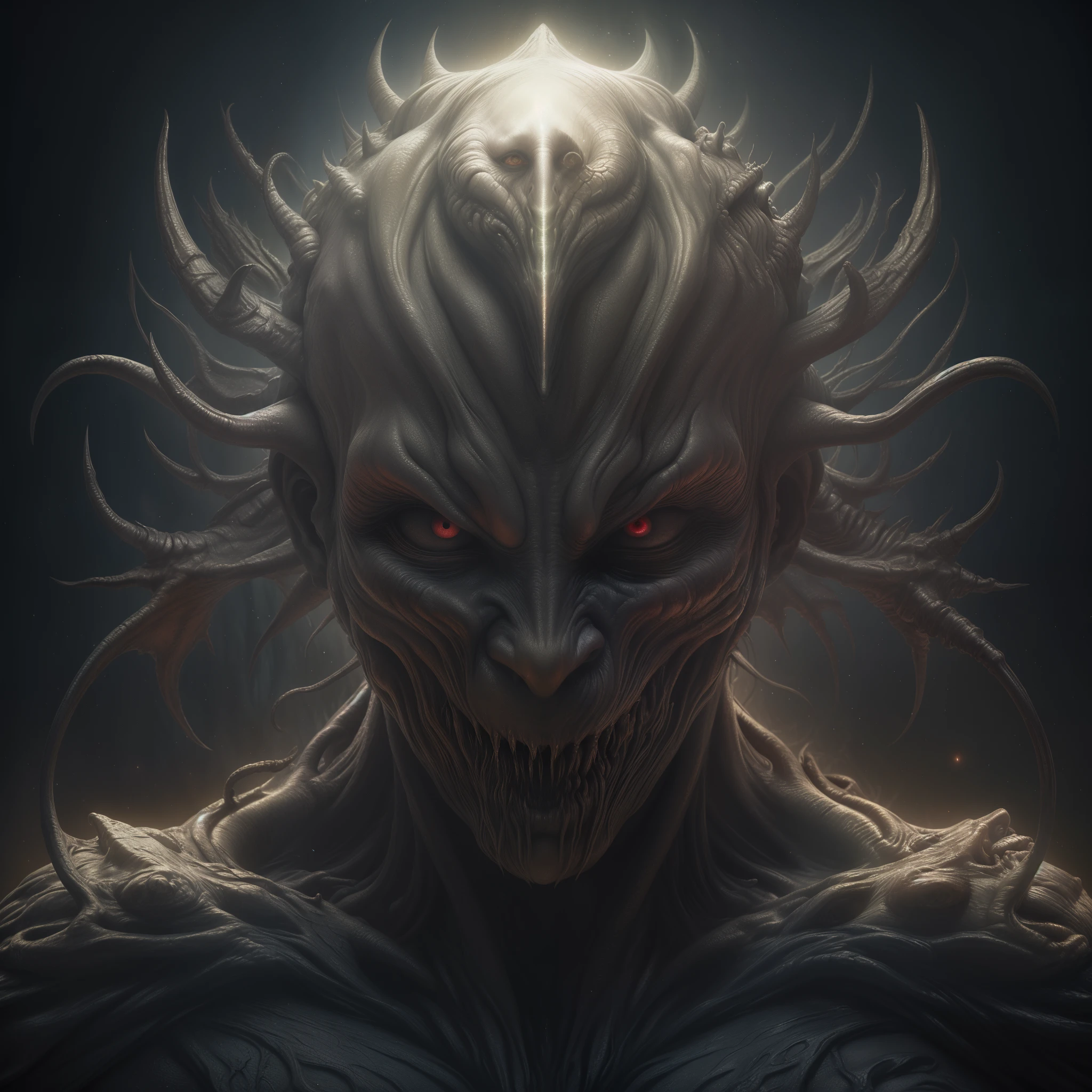 a close-up of a demonic creature with a glowing face, personagem de fantasia hiperdetalhado, Tomasz Alen Kopera e CGSoration, Inspirado em Tomasz Alen Kopera, Symmetrical Epic Fantasy Art, Face of an alien deity, fantasy art smug smile man, symmetrical face concept art, retrato de fantasia fosco detalhado, arte conceitual demon soul, personagem de fantasia octane render