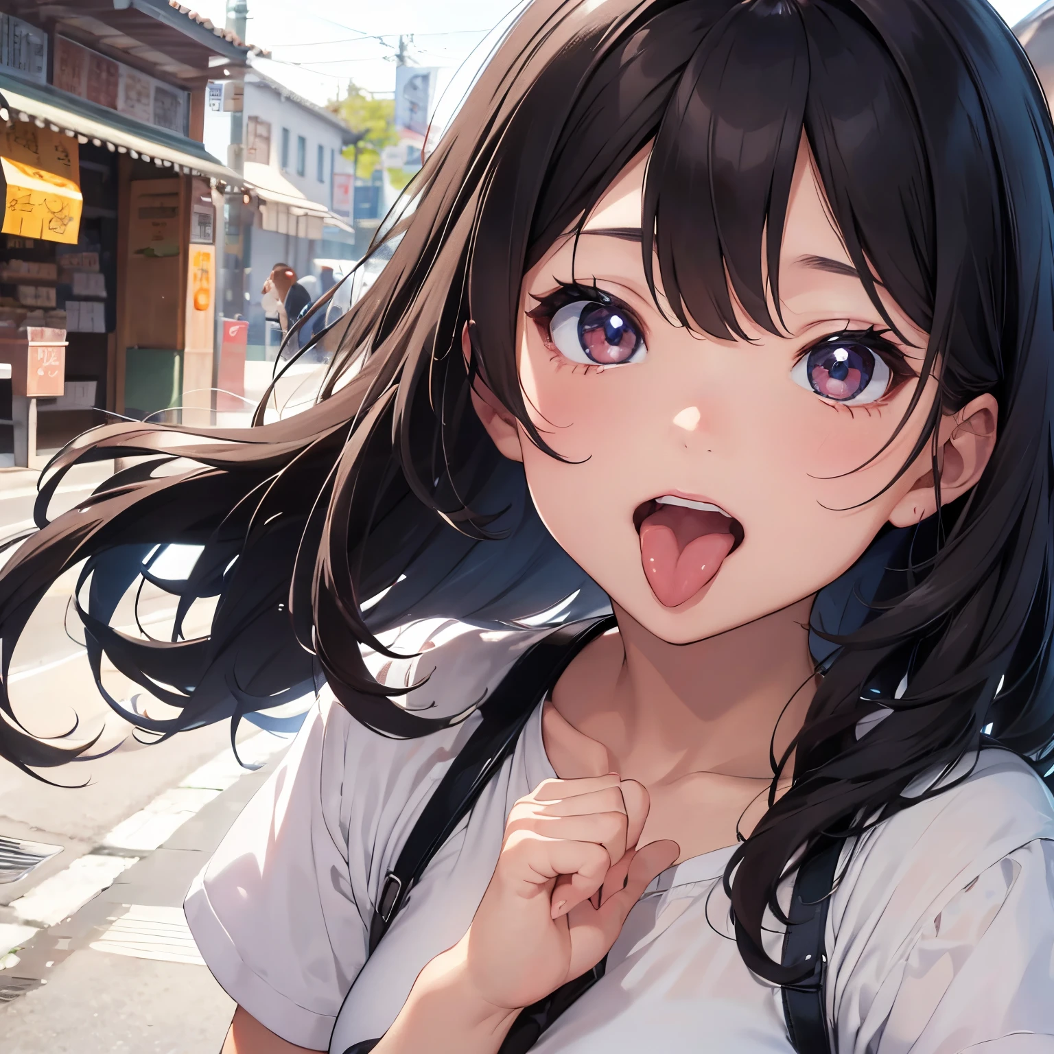 looking ahead,from above,slouch,handjob,side view,face focus,open mouth,tongue out,cum on tongue,Licking a white dildo,(1girl,Beautiful 14 year old girl),((Slender,Small breasts,Baby Face,Small face,)),looking at viewer,Black Hair,bangs,two side up,Gray Eyes,Drooping eyes,slit pupils,narrow eyes,ollarbone,white t-shirt,off-shoulder look,Denim mini skirt,Beautiful and detailed anime art,Mischievous smile,Dimly lit room,Simple Background,Gray background,Low lighting
