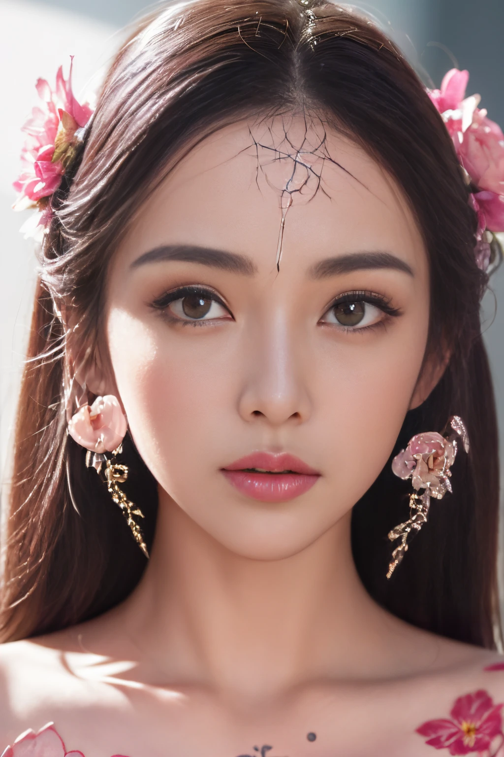 A Beautiful girl, wet big eyes, very long eyelashes, cat-like narrow highly detailed arrows, expressive eyes, expressive and pupils, glare and sparkle in the eyes, filigree symmetrical floral patterns-tattoos on the face, transformation, macro photography, haute couture, tenderness, ????, filigree details, metamorphoses of flowers, hyper-realistic, high quality, hyper-detailed, professional photo, red white pink tones, filigree, beautiful, body art of flowers, transparency photo, professional movie, professional picture, ultra detailed, ultra realistic, cinematic, sharp focus, bright light
