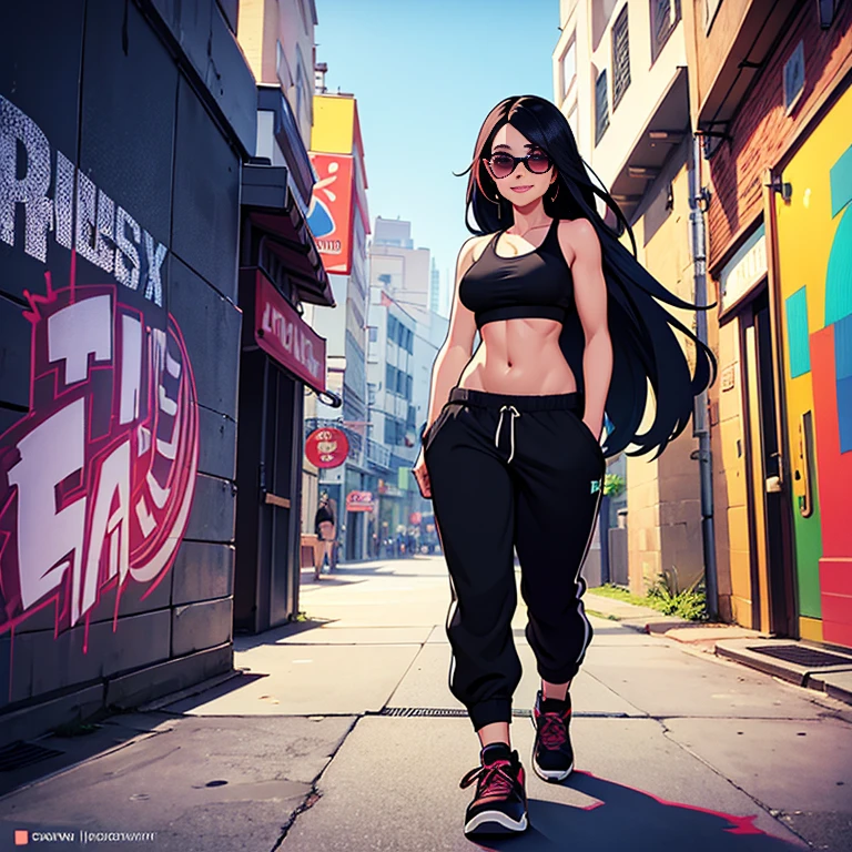 Sexy woman, black sports bra, baggy sweatpants, walking around outside, full body, crowded city, fast-paced urban life, vibrant atmosphere, bustling streets, colorful graffiti, stylish sunglasses, high-heeled sneakers, confident posture, flowing hair, radiant smile, sunlight casting dynamic shadows, energetic vibe, trendy fashion, sparkling accessories, bold makeup, captivating gaze, dynamic composition, lively street art, vivid colors, exquisite details, realistic and photorealistic rendering, high-resolution masterpiece:1.2, ultra-detailed features, professional studio lighting, vibrant and contrasting color palette, bokeh effect