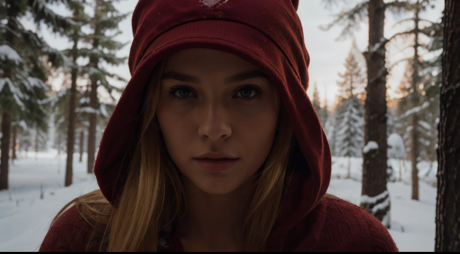 Beautiful young blonde girl in a red hat, scared of a wolf,photorealistic, 8k