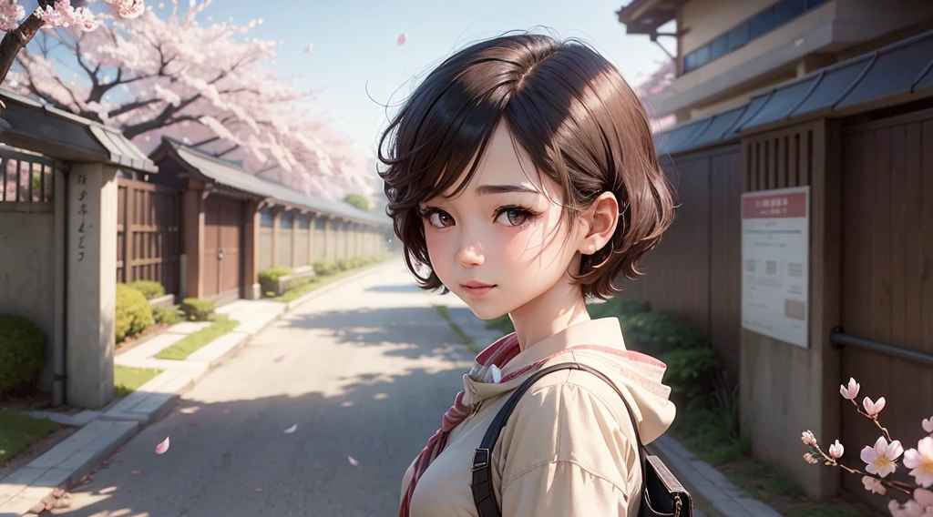 A beautiful and ambitious girl with short hair and a cute face is looking at the falling cherry blossoms in front of the school gate.. Animation Art