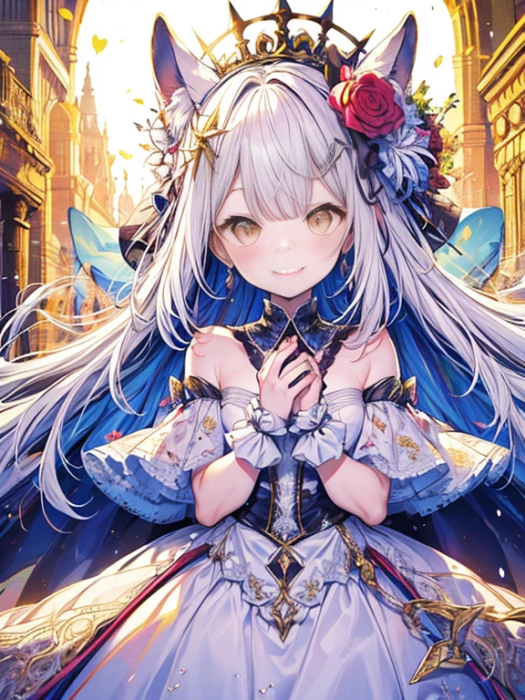 In front of the altar of a majestic church、(blurry backround)、brightened light、golden long hair girl、Classic White Wedding Dresses、(elegant luster)、(Lots of races)、lots of ribbons、((voluminous puff sleeves))、long cuffs with many buttons、golden embroidery、Long Train、white embroidered gloves、5 fingers、A smile、Redness of the cheeks